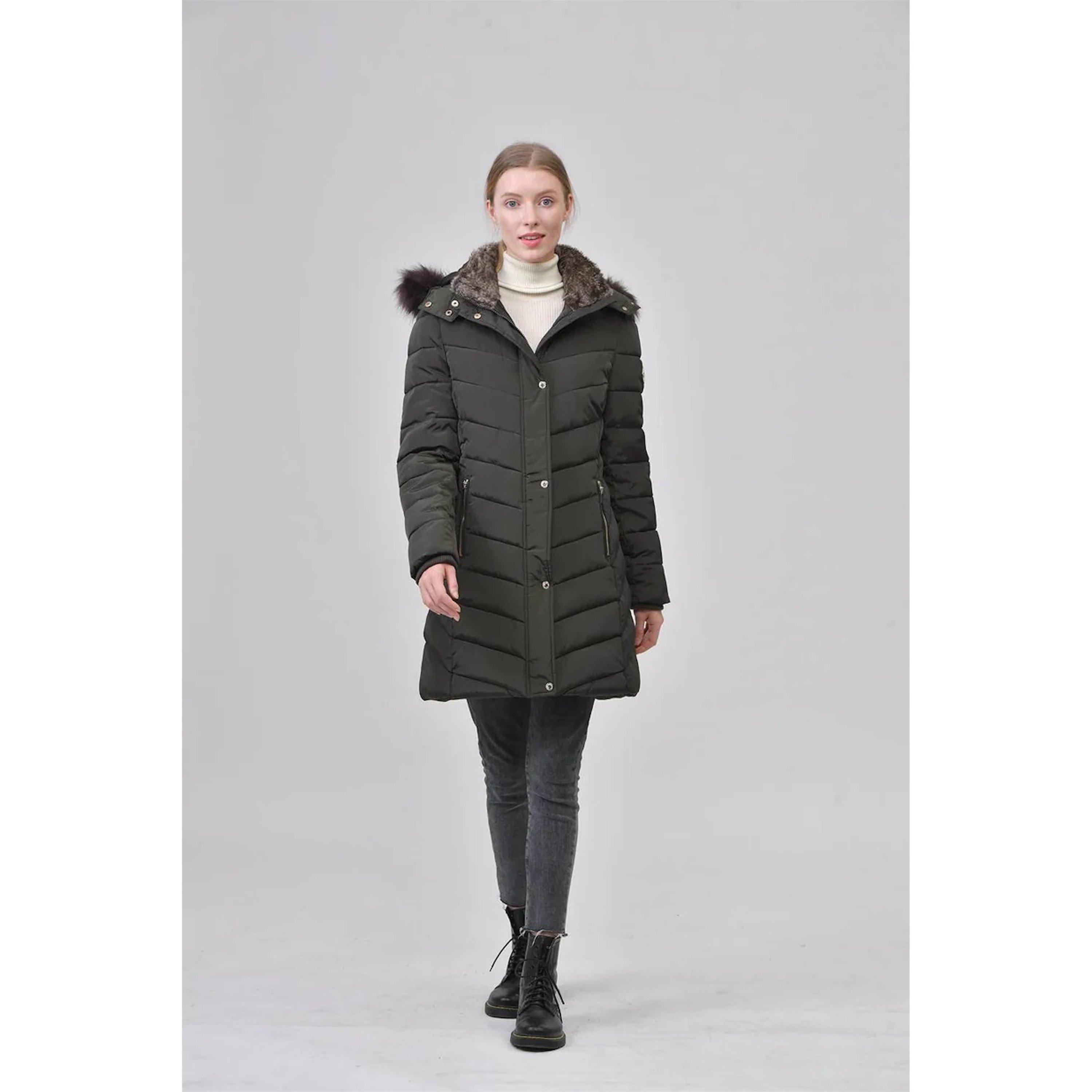 Khaki - Harvey and Jones - Water and Wind Resistant Longline Mid-Length Detachable Hood Padded Puffer Jacket - 1