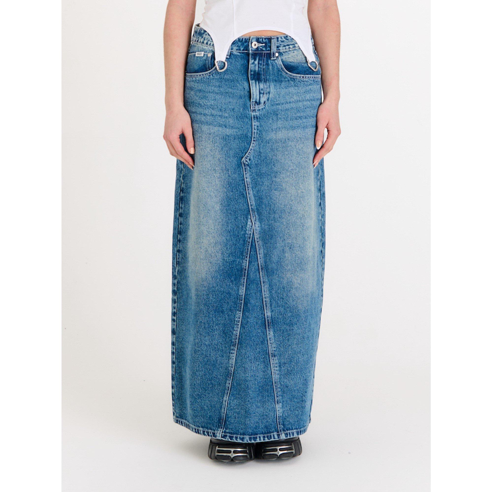 Blue - The Ragged Priest - Women's Maxi Bleach Blue Wash Denim Skirt - 1