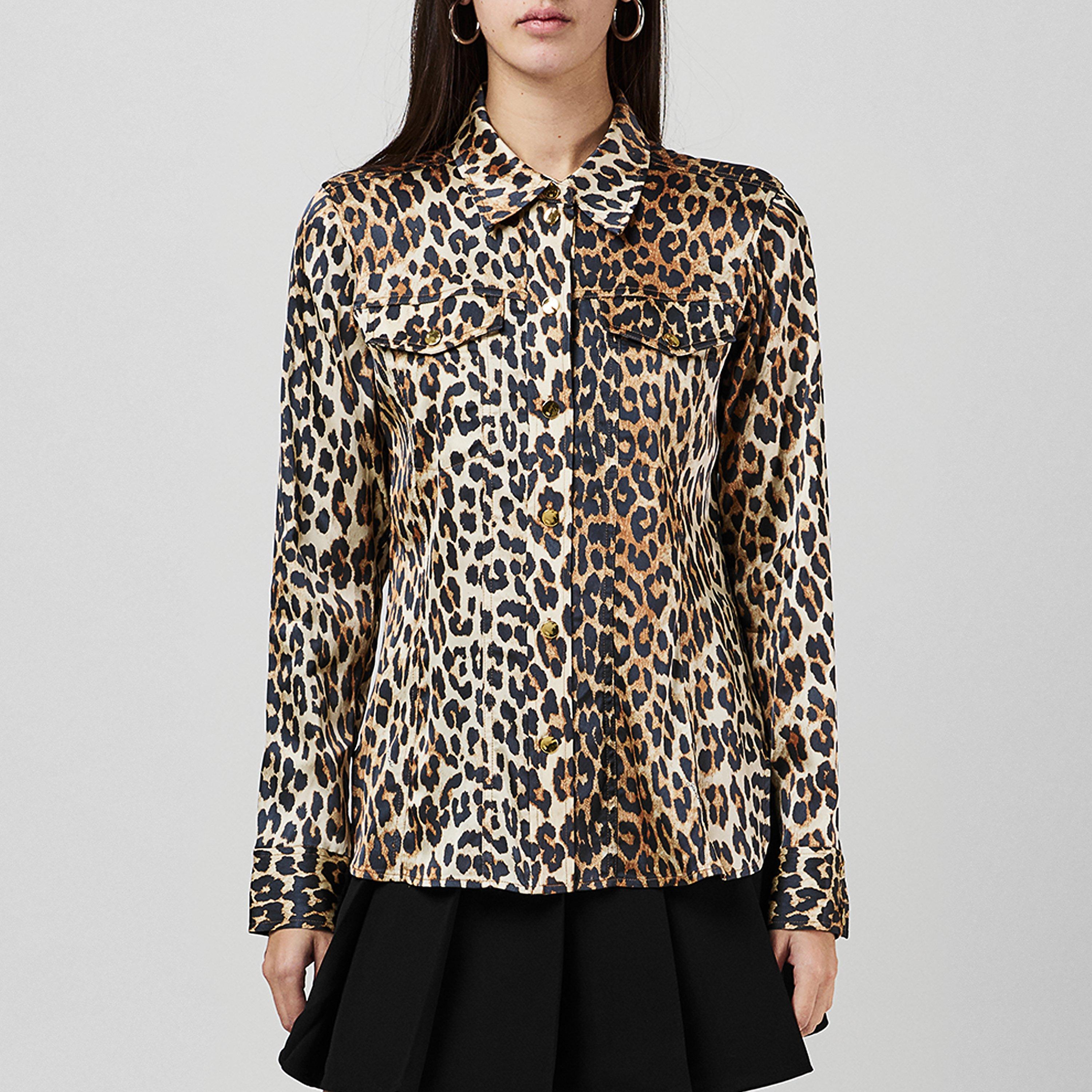 Ganni Women's Leopard Satin Long Sleeve Shirt - Size 10 (36)