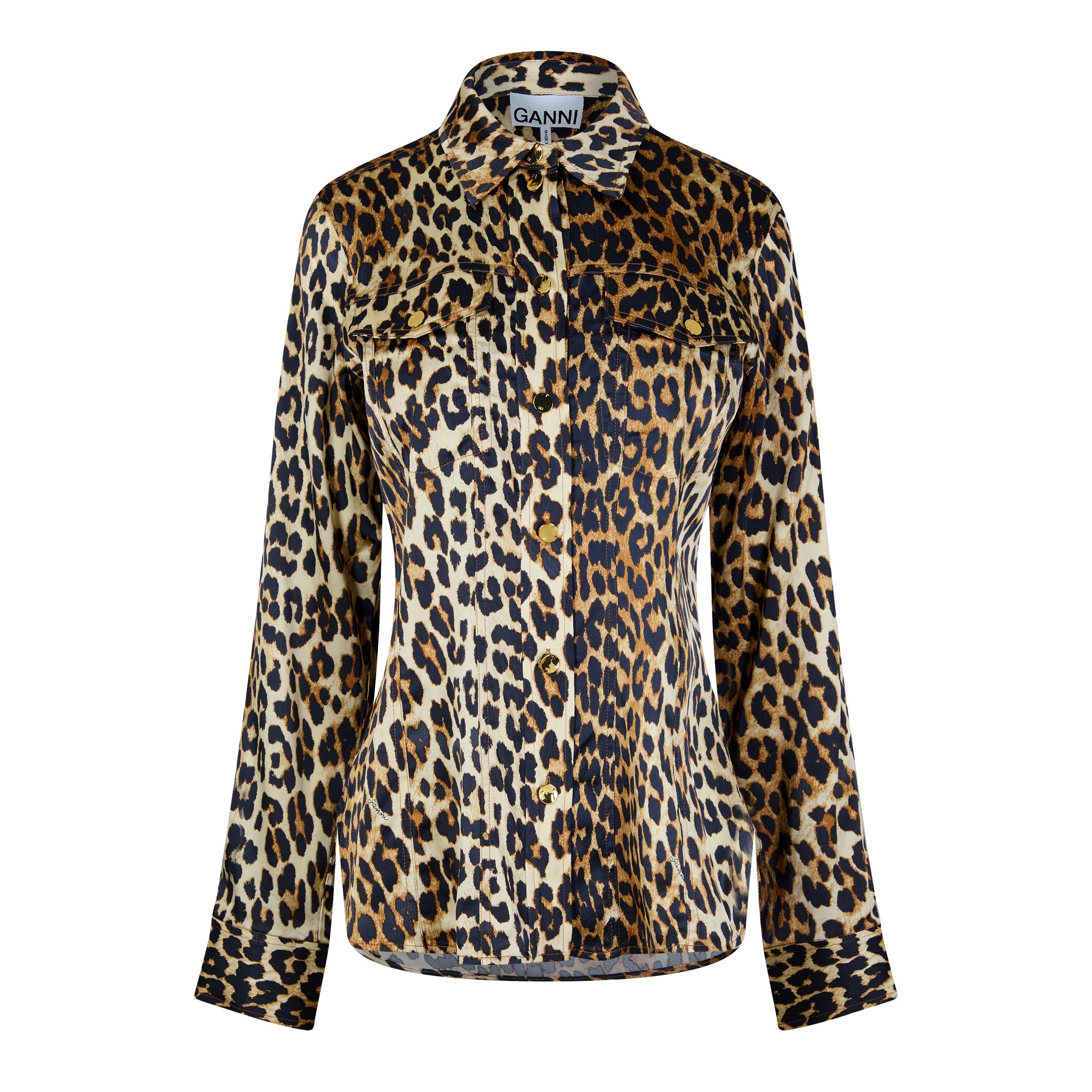 Leopard - Ganni - Women's Leopard Satin Long-Sleeve Patterned Shirt - 5