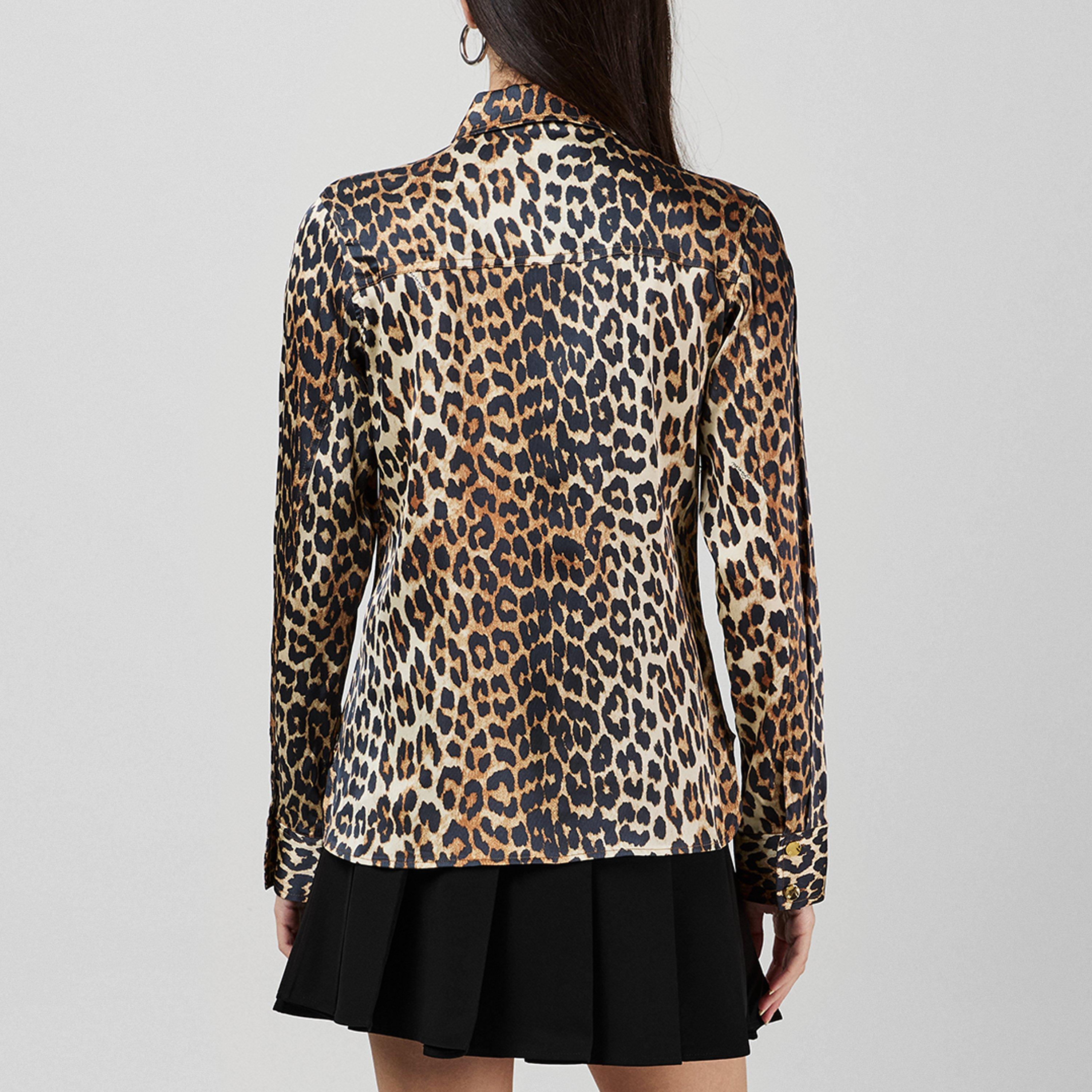 Leopard - Ganni - Women's Leopard Satin Long-Sleeve Patterned Shirt - 3
