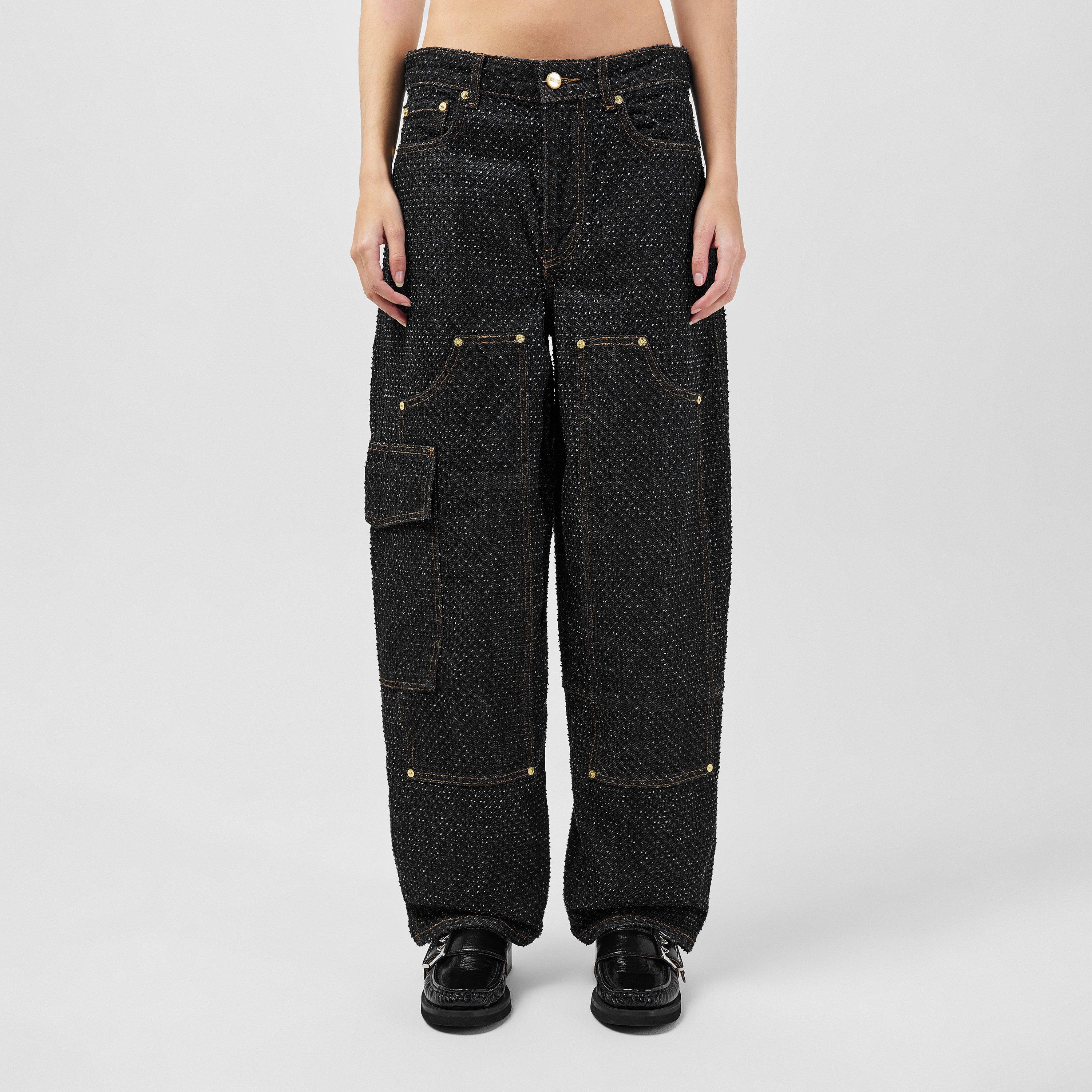 Black - Ganni - Women's Carpenter Structured Denim Wide Leg Jeans - 1