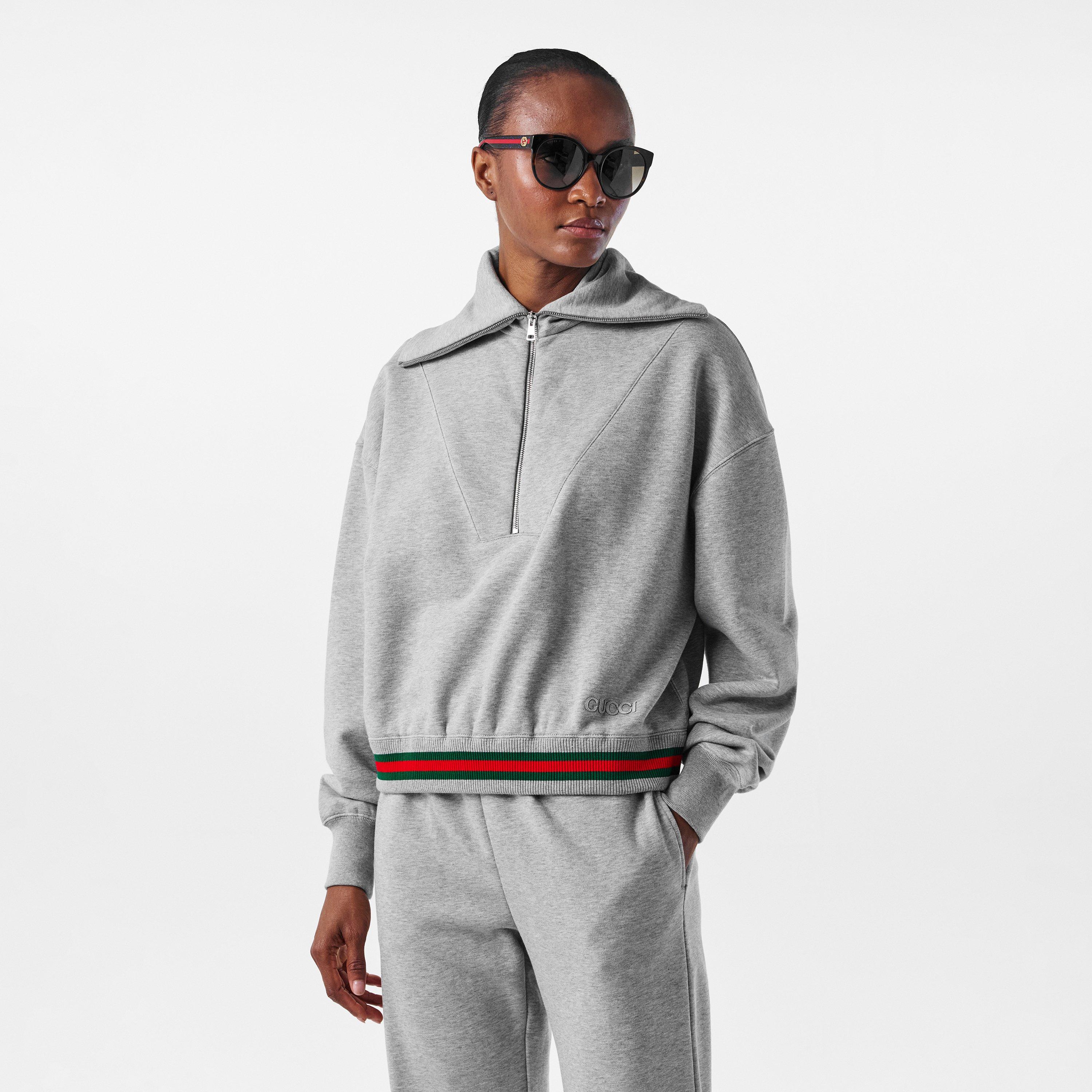 Grey Mel - Gucci - Cropped Web Half-Zip Jumper - 3