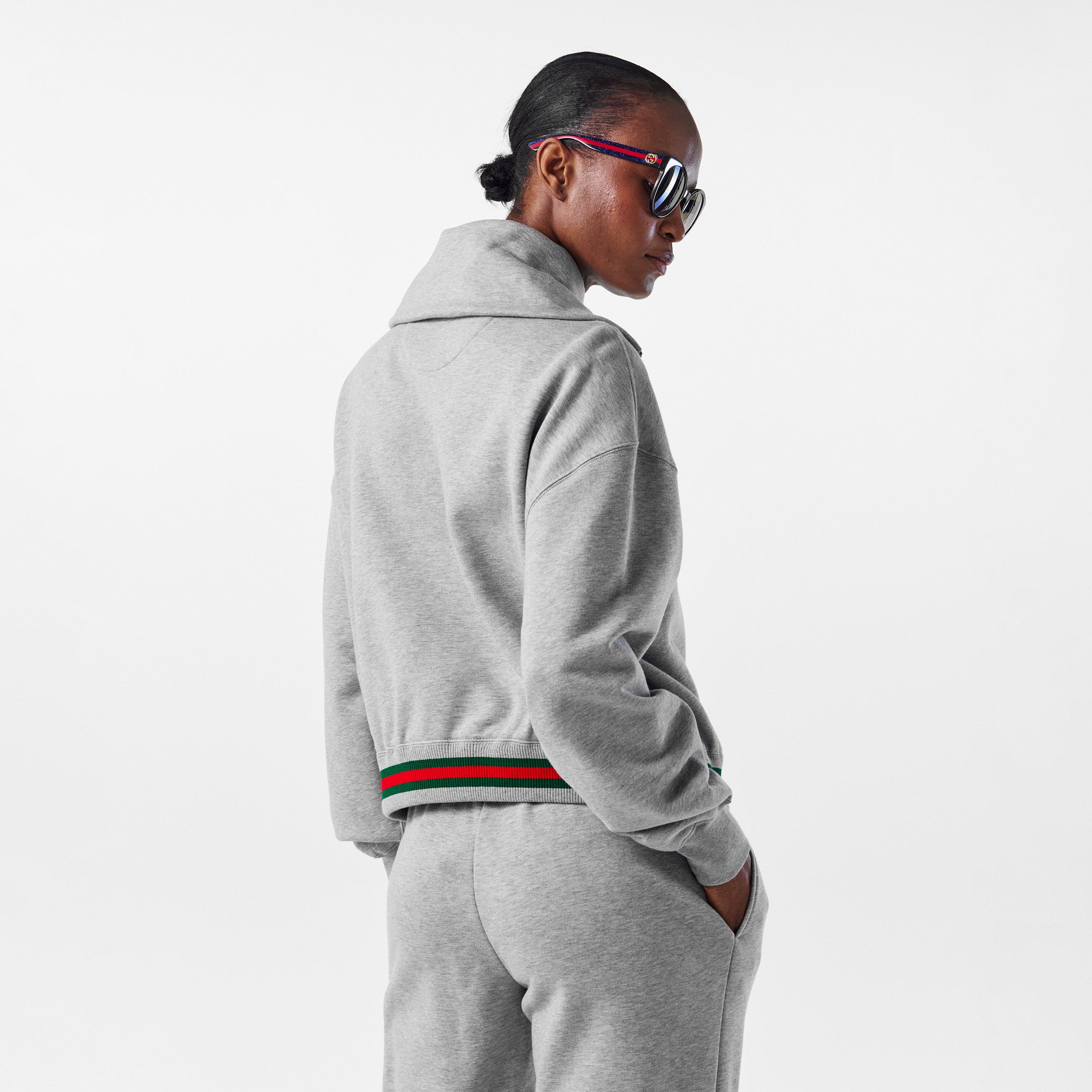 Grey Mel - Gucci - Cropped Web Half-Zip Jumper - 4