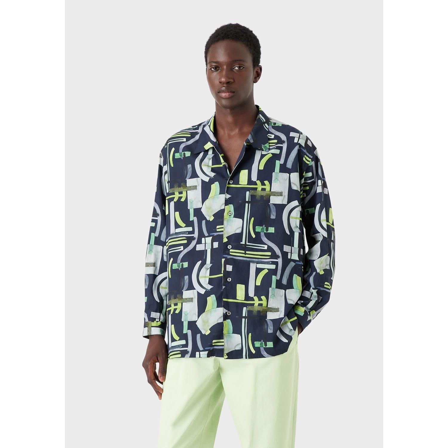 Navy - Emporio Armani - Abstract Print Long Sleeve Shirt - 1