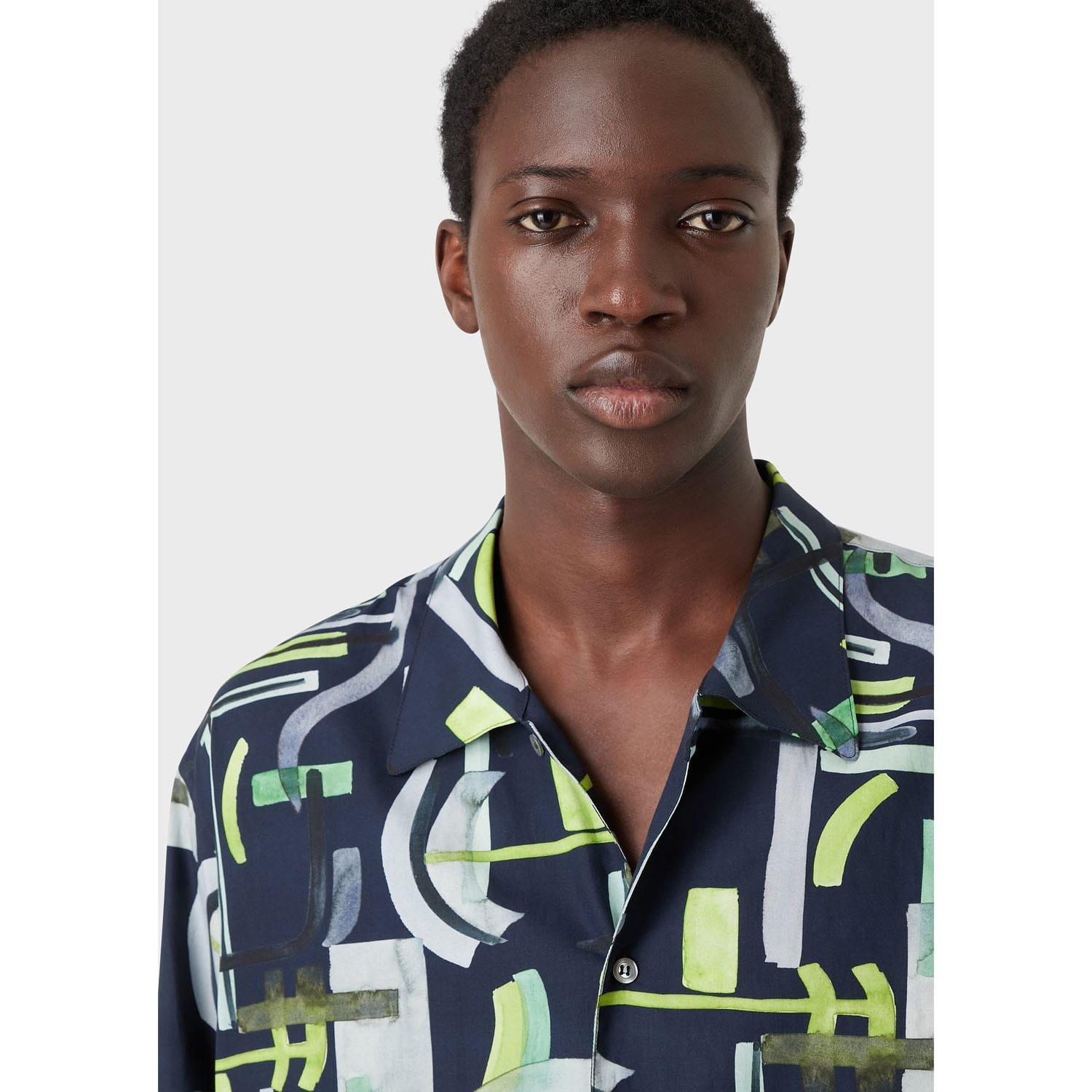 Navy - Emporio Armani - Abstract Print Long Sleeve Shirt - 5