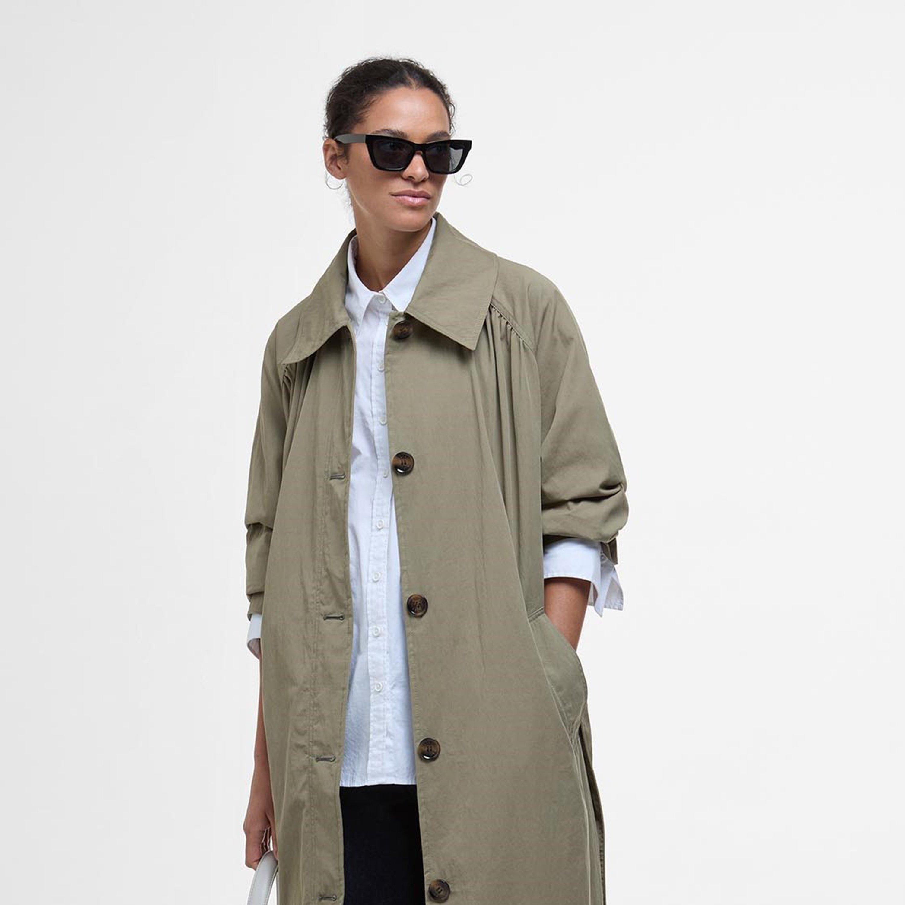 D Green/Tartan - Barbour - Women's Garbo Showerproof Long Sleeve Button Trench Coat - 2