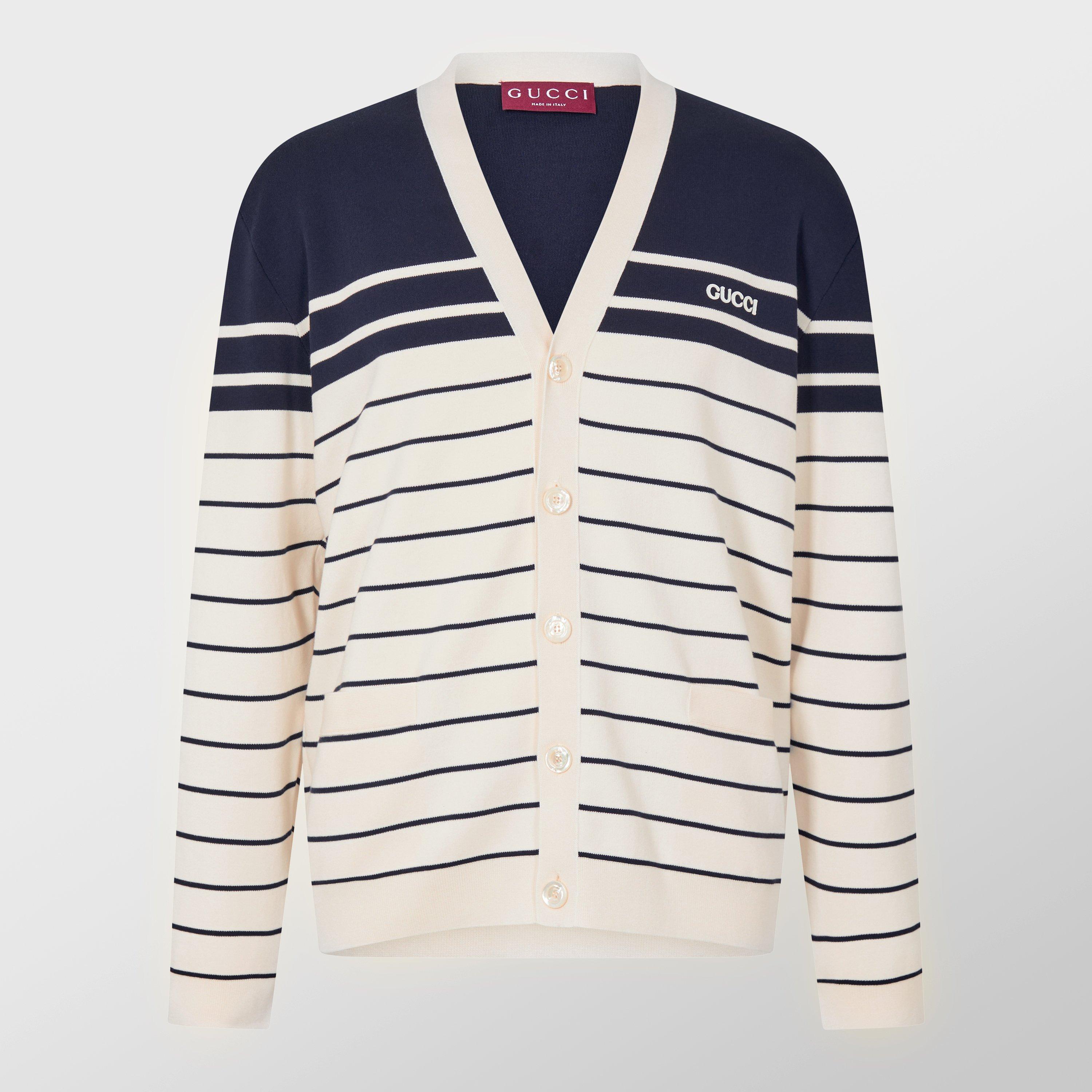 White/Navy/Mc - Gucci - Striped Knit Cotton Cardigan - 1