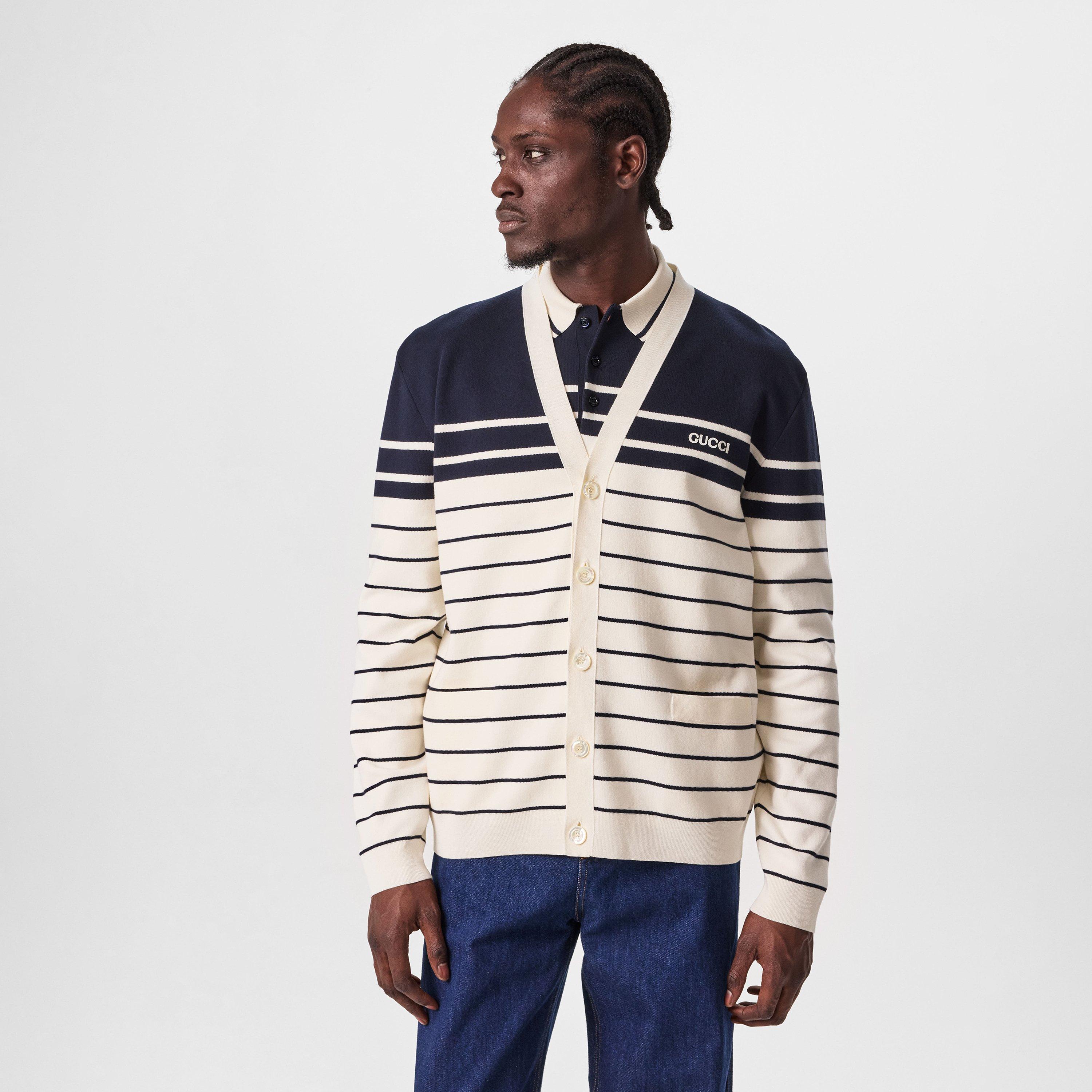 White/Navy/Mc - Gucci - Striped Knit Cotton Cardigan - 3