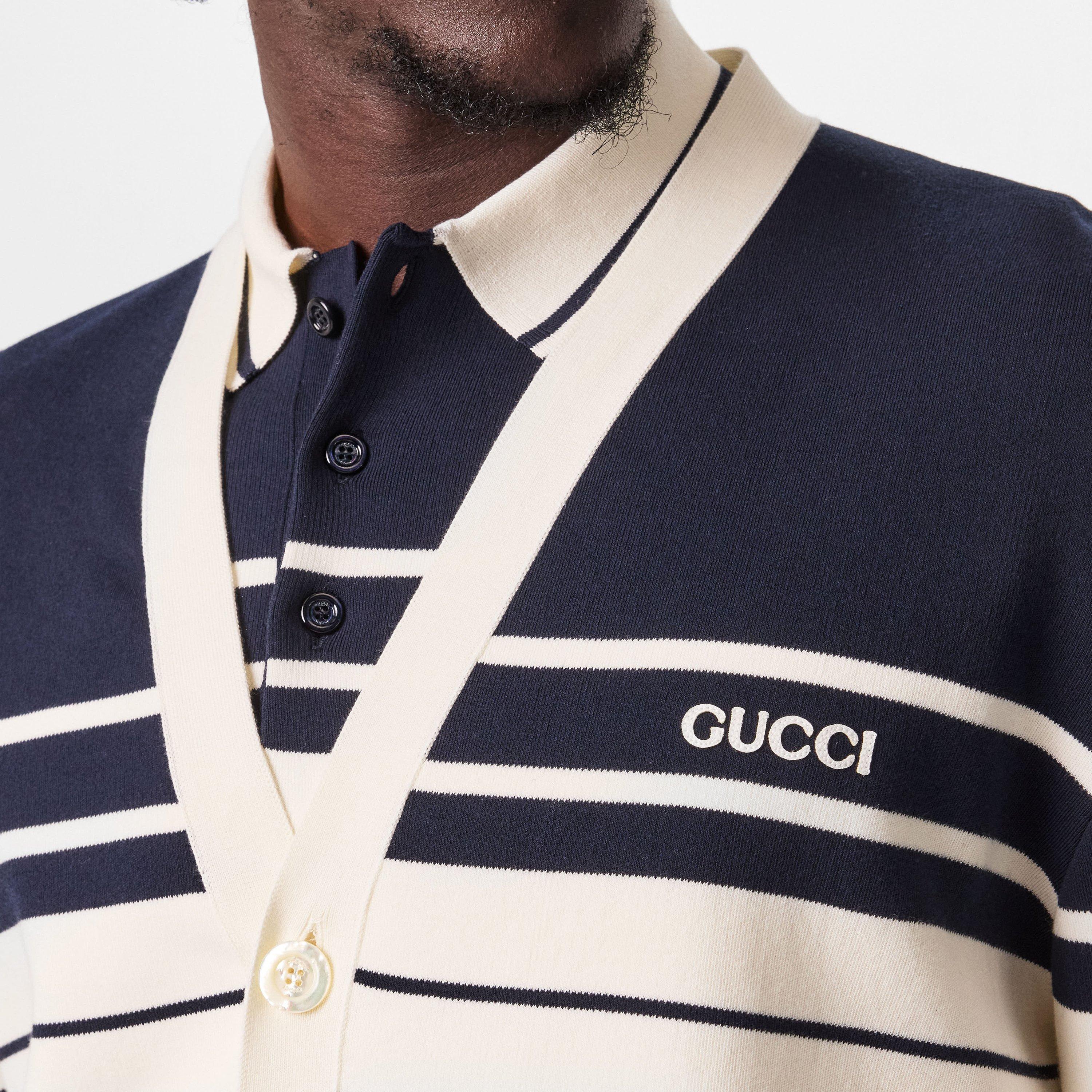 White/Navy/Mc - Gucci - Striped Knit Cotton Cardigan - 5