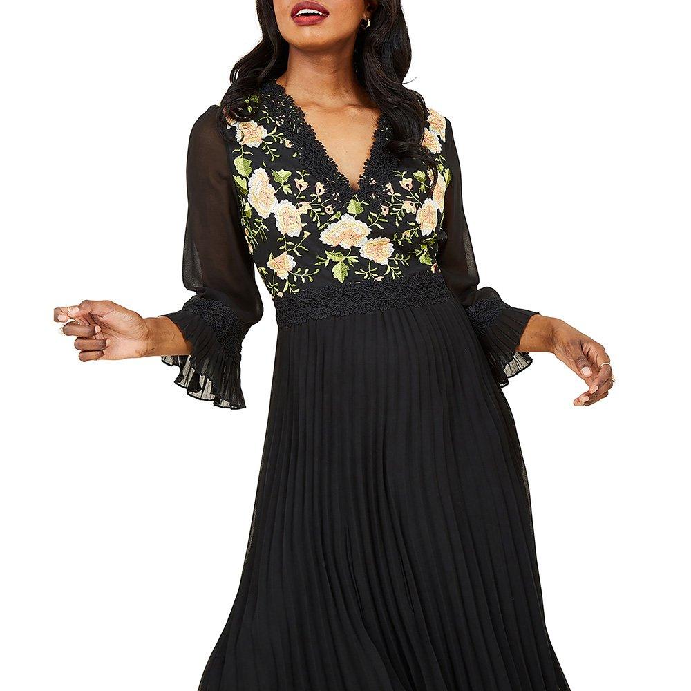 Black - Yumi - Black Embroidered Floral Midi Dress - 2