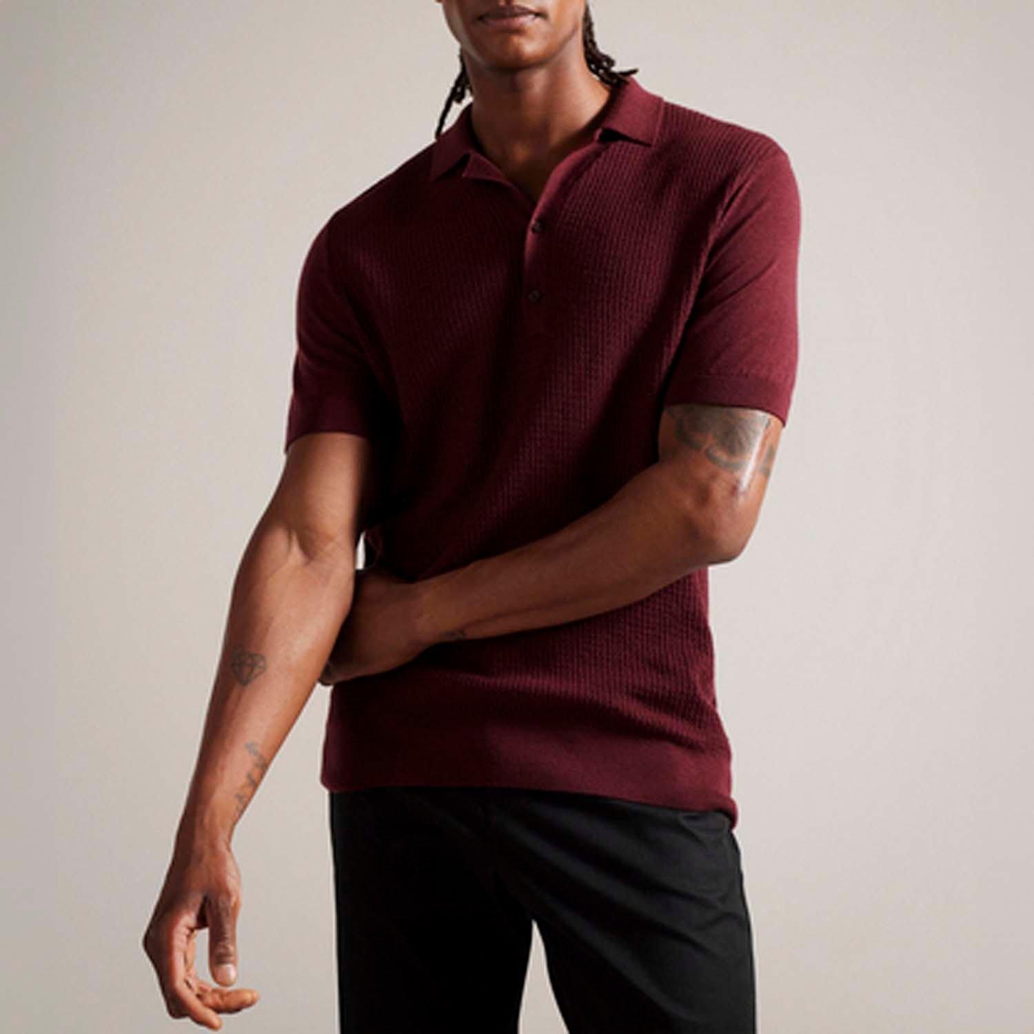 Red Maroon - Ted Baker - Adio Textured Front Polo Shirt - 1