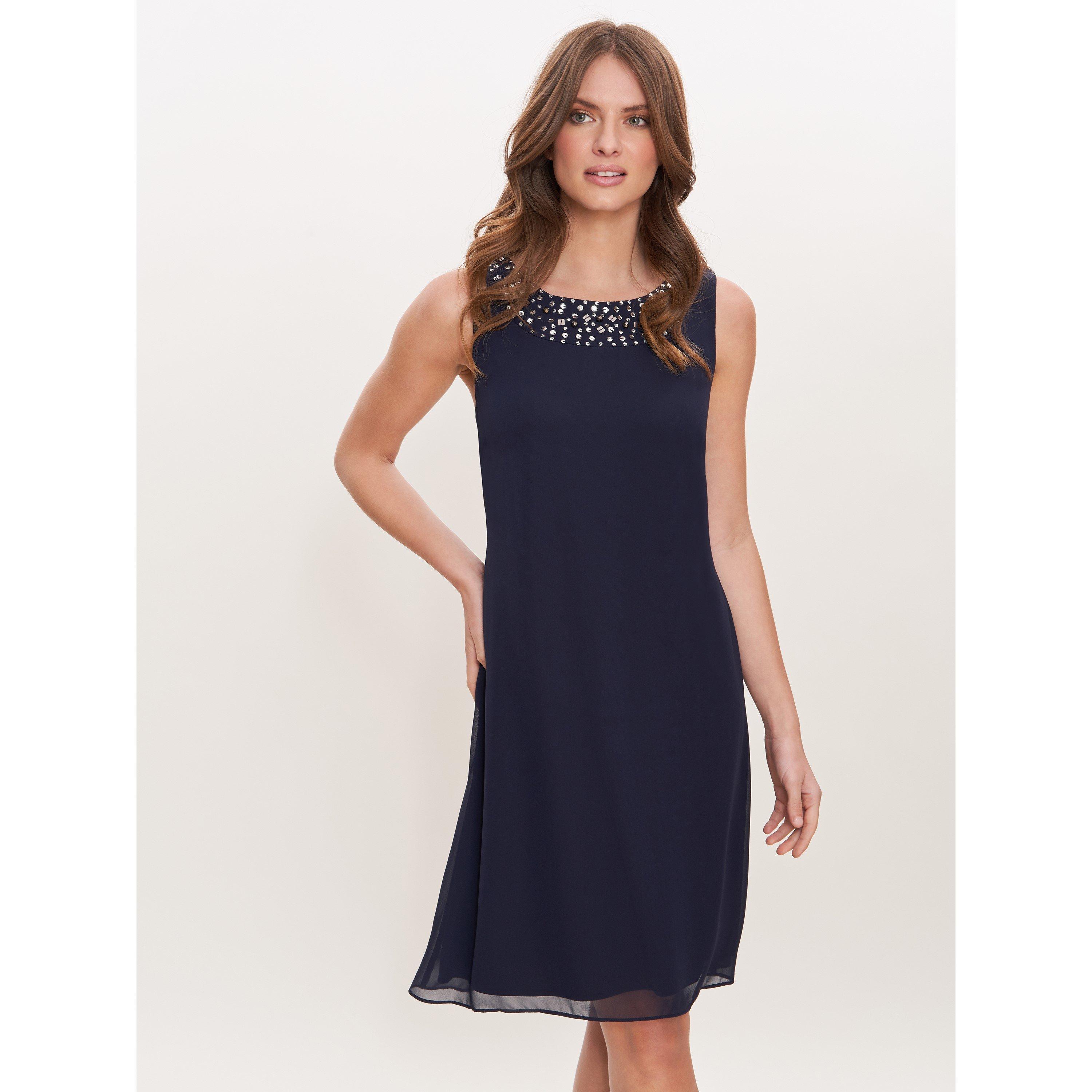 Spring Navy - Gina Bacconi - Joseline Short Chiffon Jacket Dress With Beaded Neckline - 2
