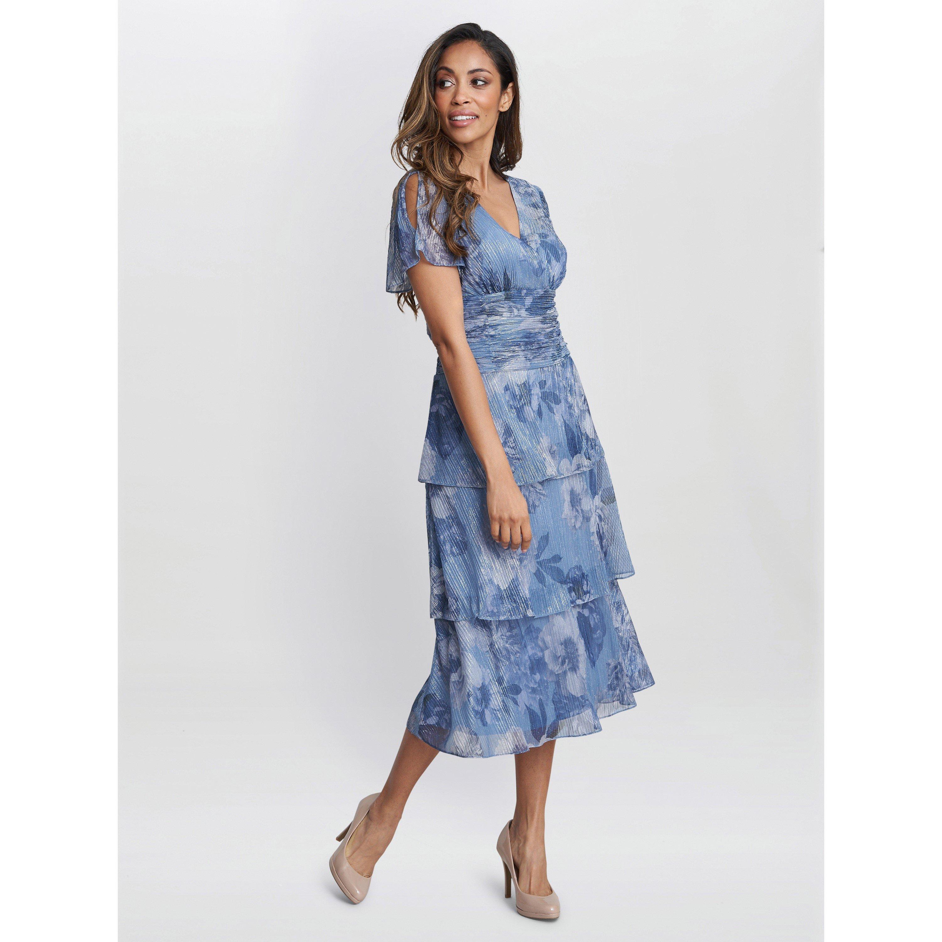 Blue Metallic - Gina Bacconi - Cherie Midi Printed Metallic Tier Dress - 3