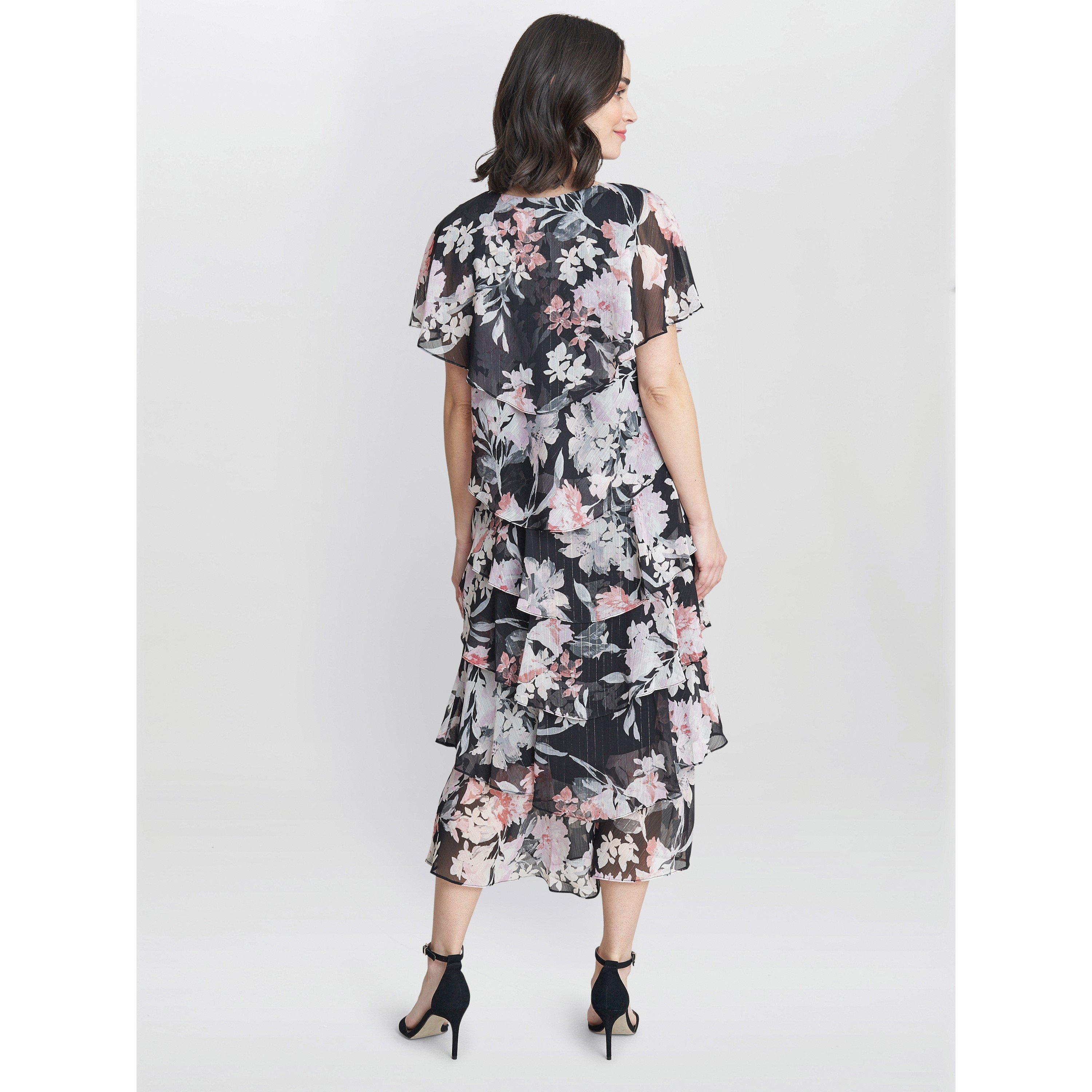 Black / Multi - Gina Bacconi - Janice V Neck Printed Midi Tiered Dress - 2