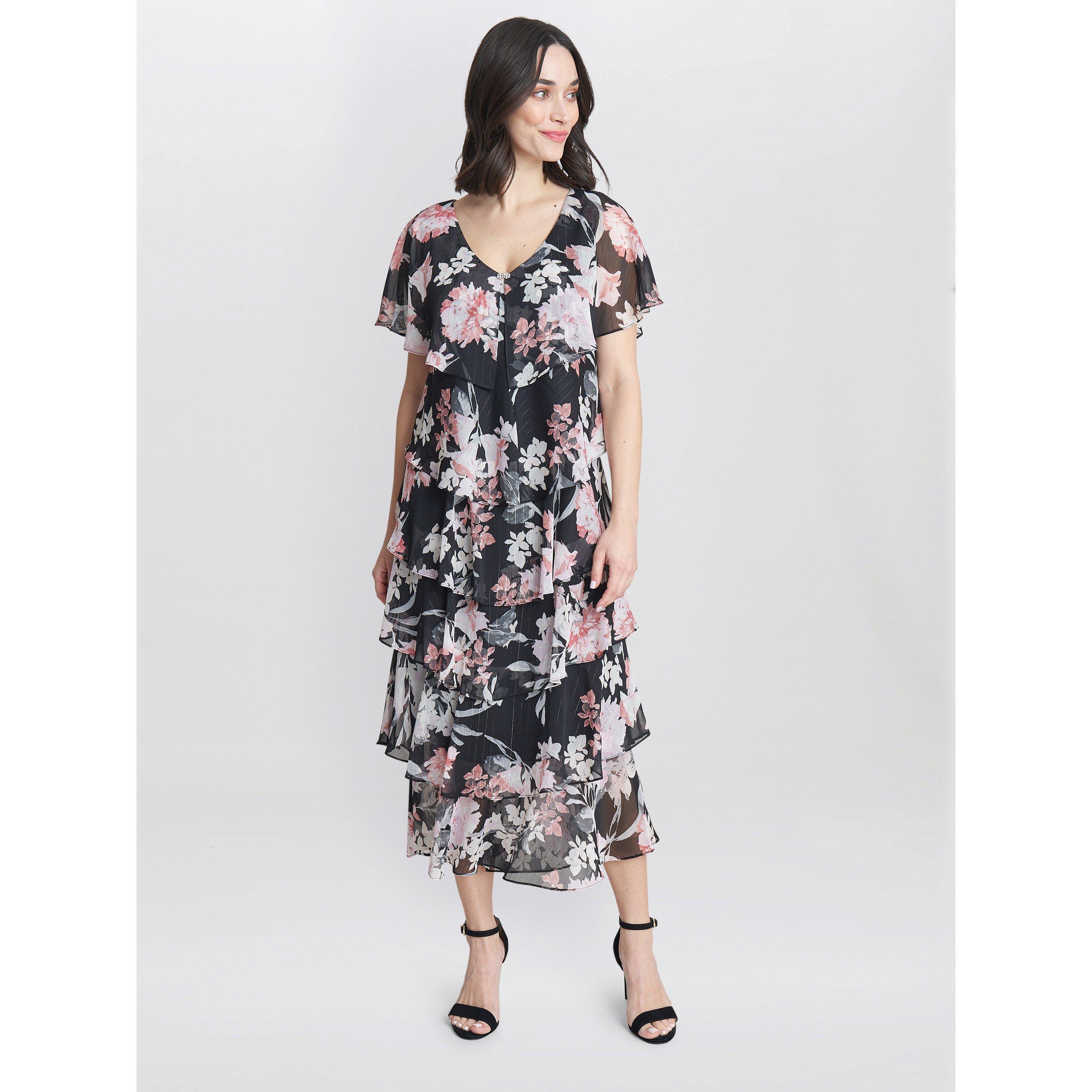 Black / Multi - Gina Bacconi - Janice V Neck Printed Midi Tiered Dress - 5