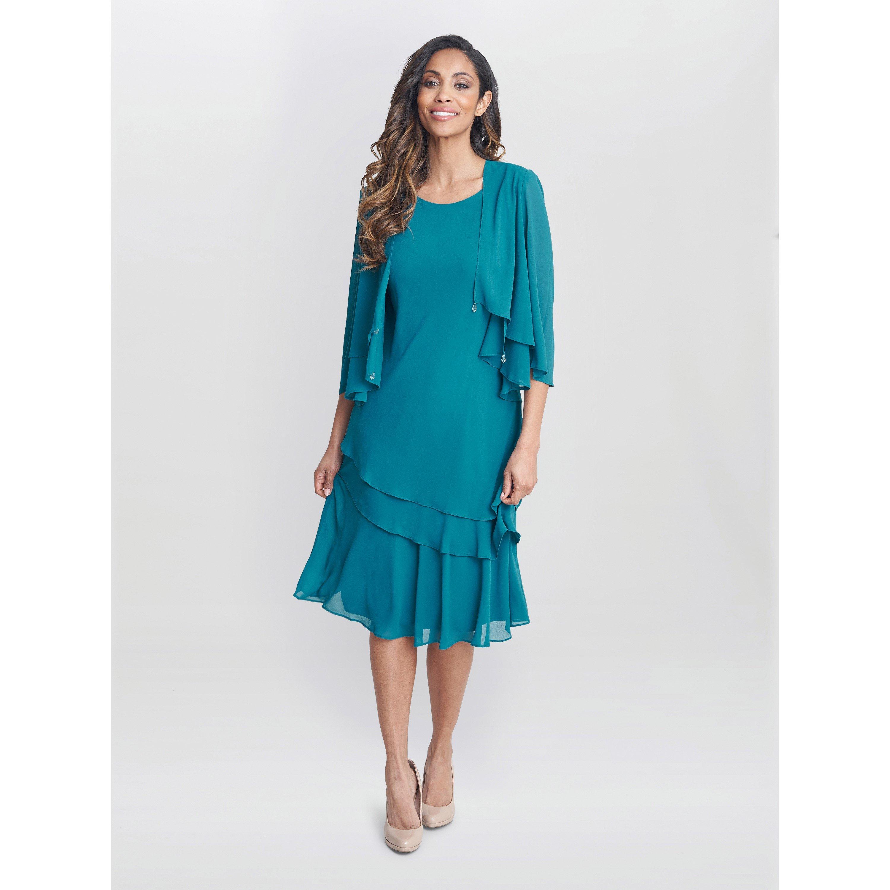 Teal - Gina Bacconi - Lola Jacket And Asymmetric Tiered Dress - 3