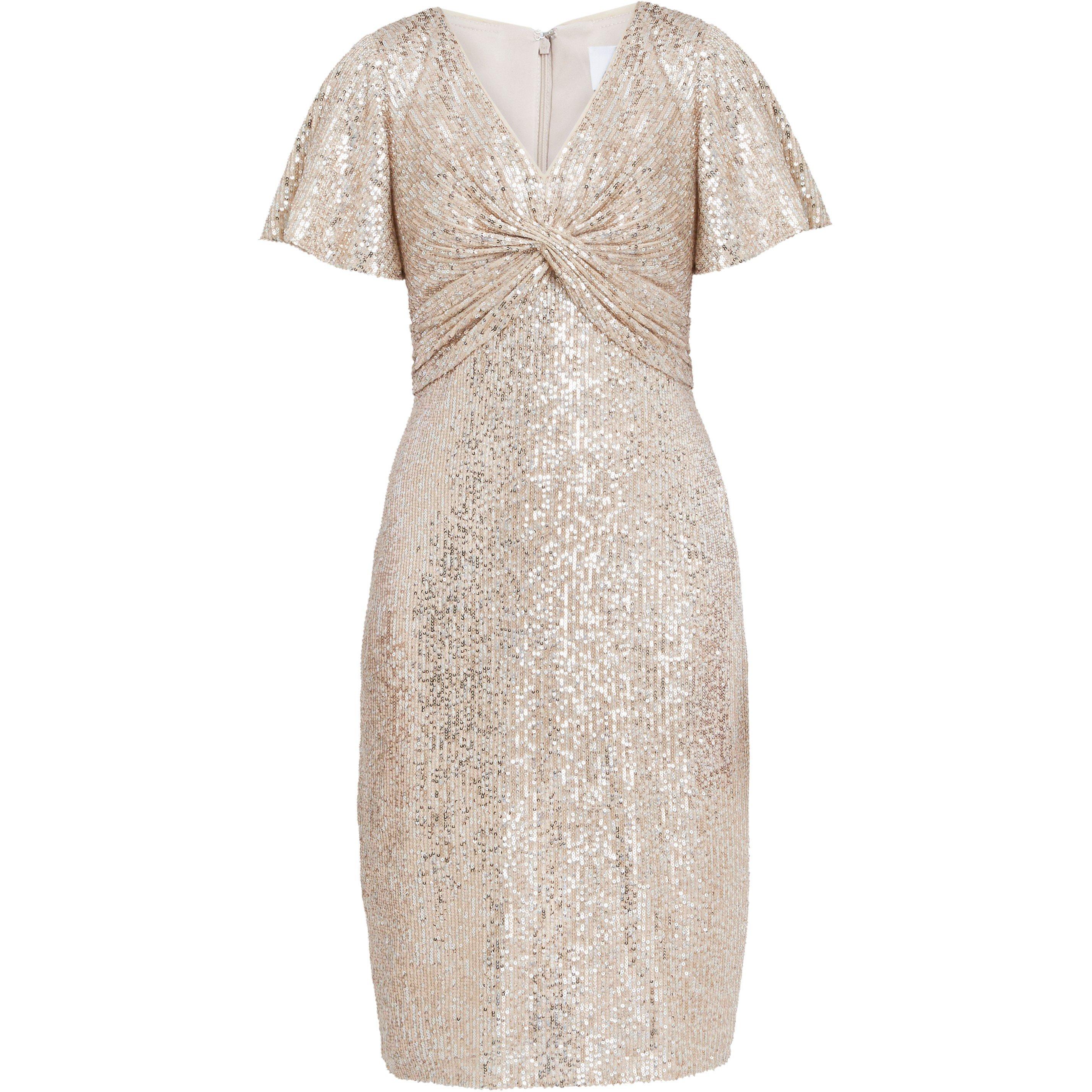 Taupe - Gina Bacconi - Krista V Neck Twist Sequin Dress - 4