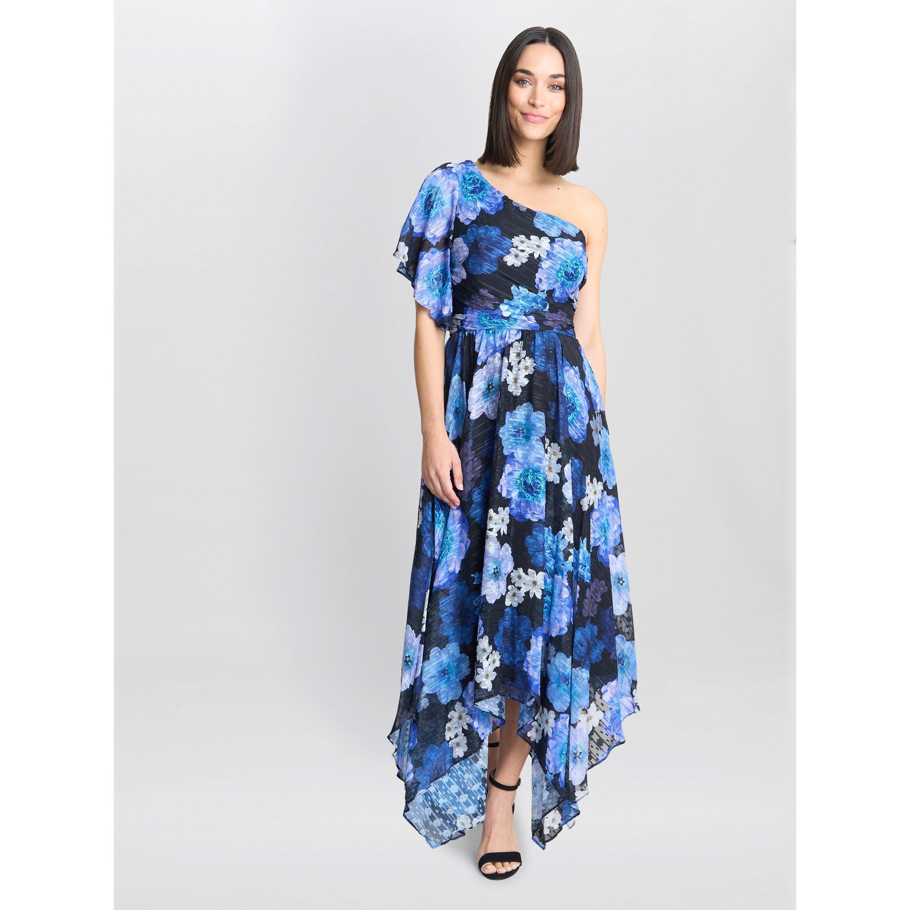 Black / Royal - Gina Bacconi - Briana One Shoulder Floral Print Dress - 1