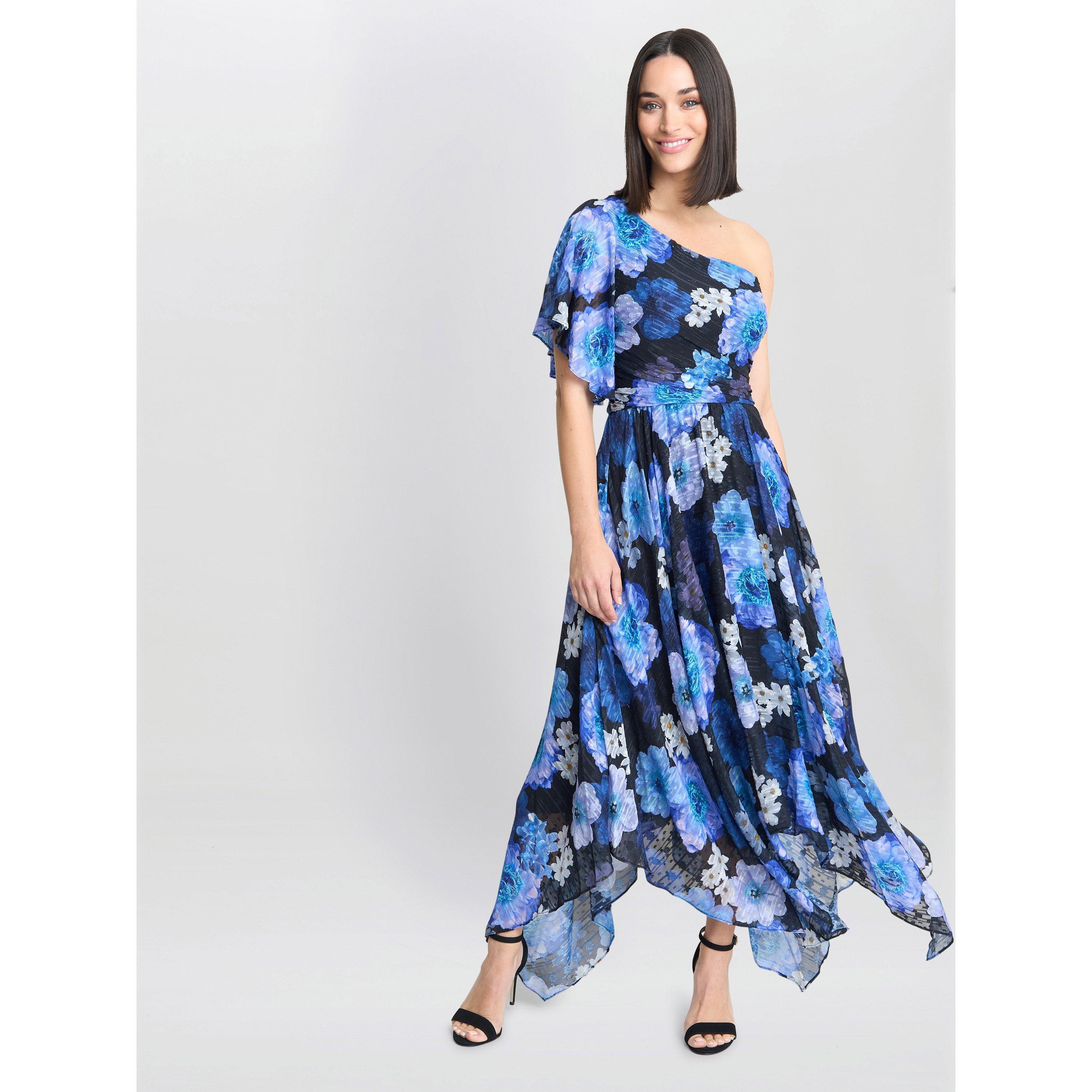 Black / Royal - Gina Bacconi - Briana One Shoulder Floral Print Dress - 3