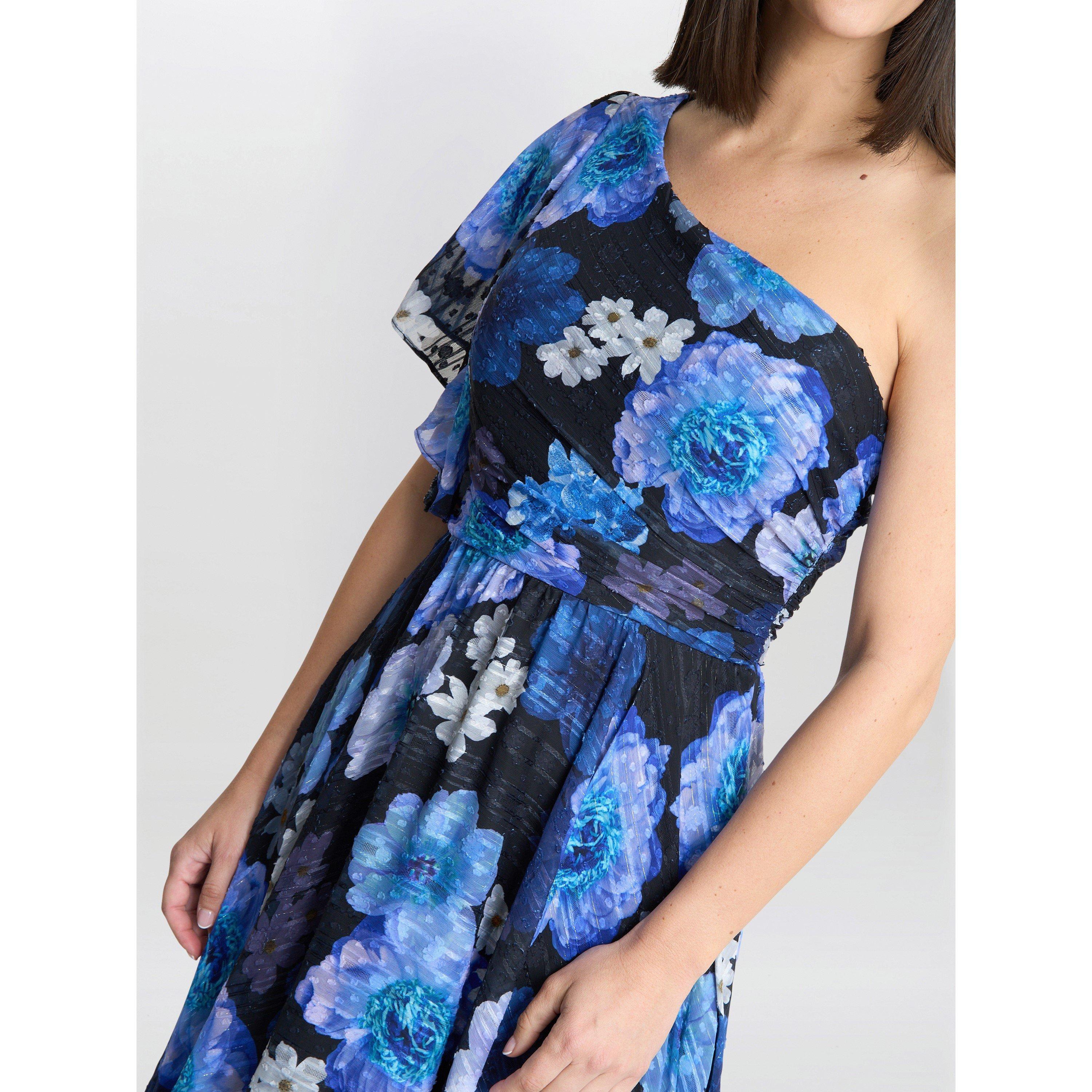Black / Royal - Gina Bacconi - Briana One Shoulder Floral Print Dress - 4