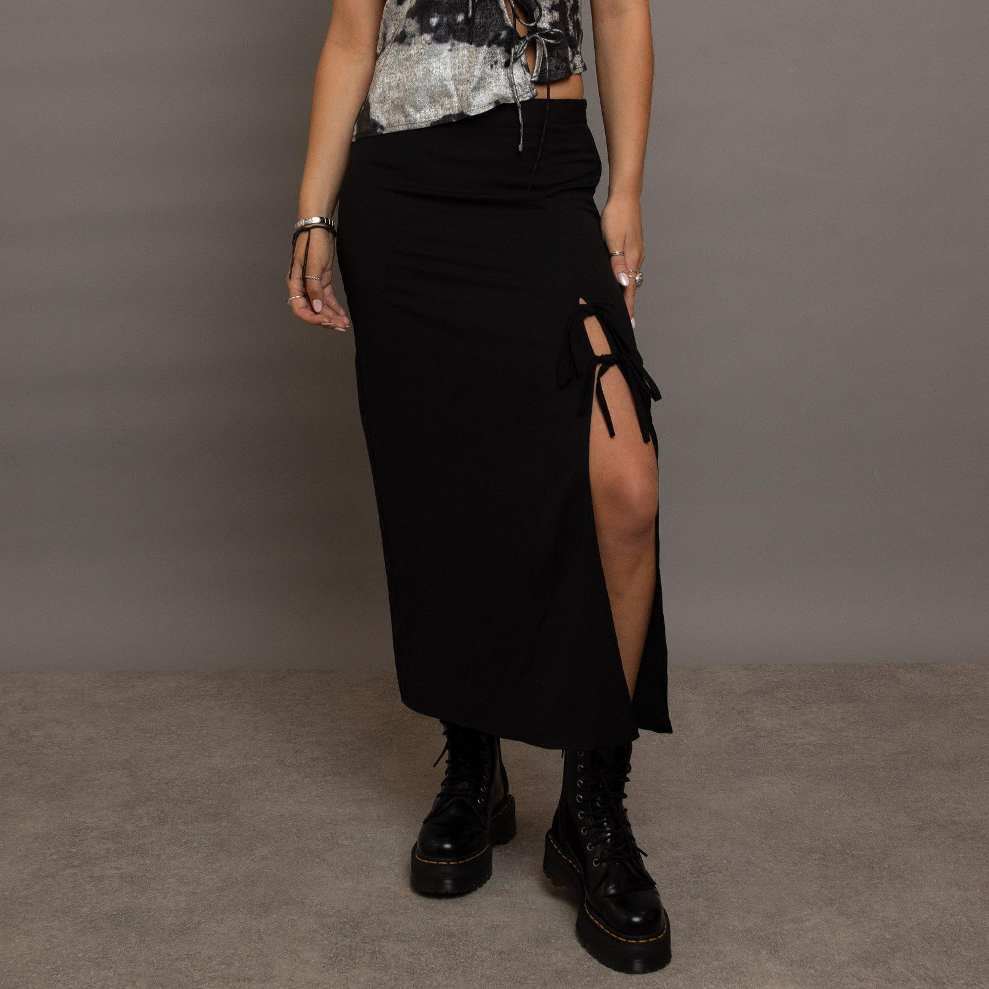 BLACK - Daisy Street - Black Womens Midi Skirt With Bows - 1