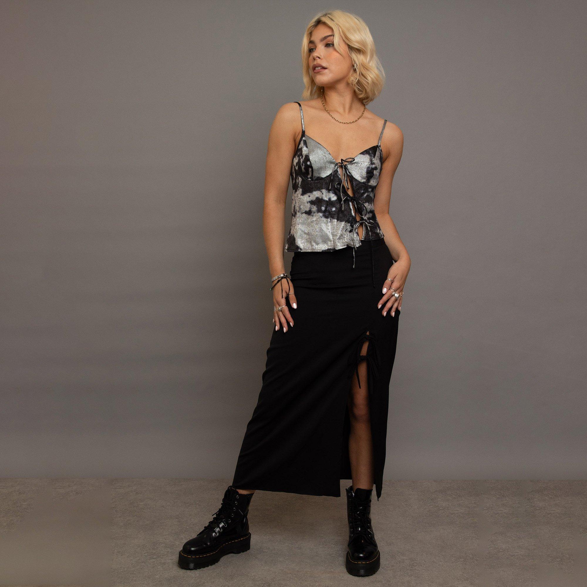 BLACK - Daisy Street - Black Womens Midi Skirt With Bows - 3