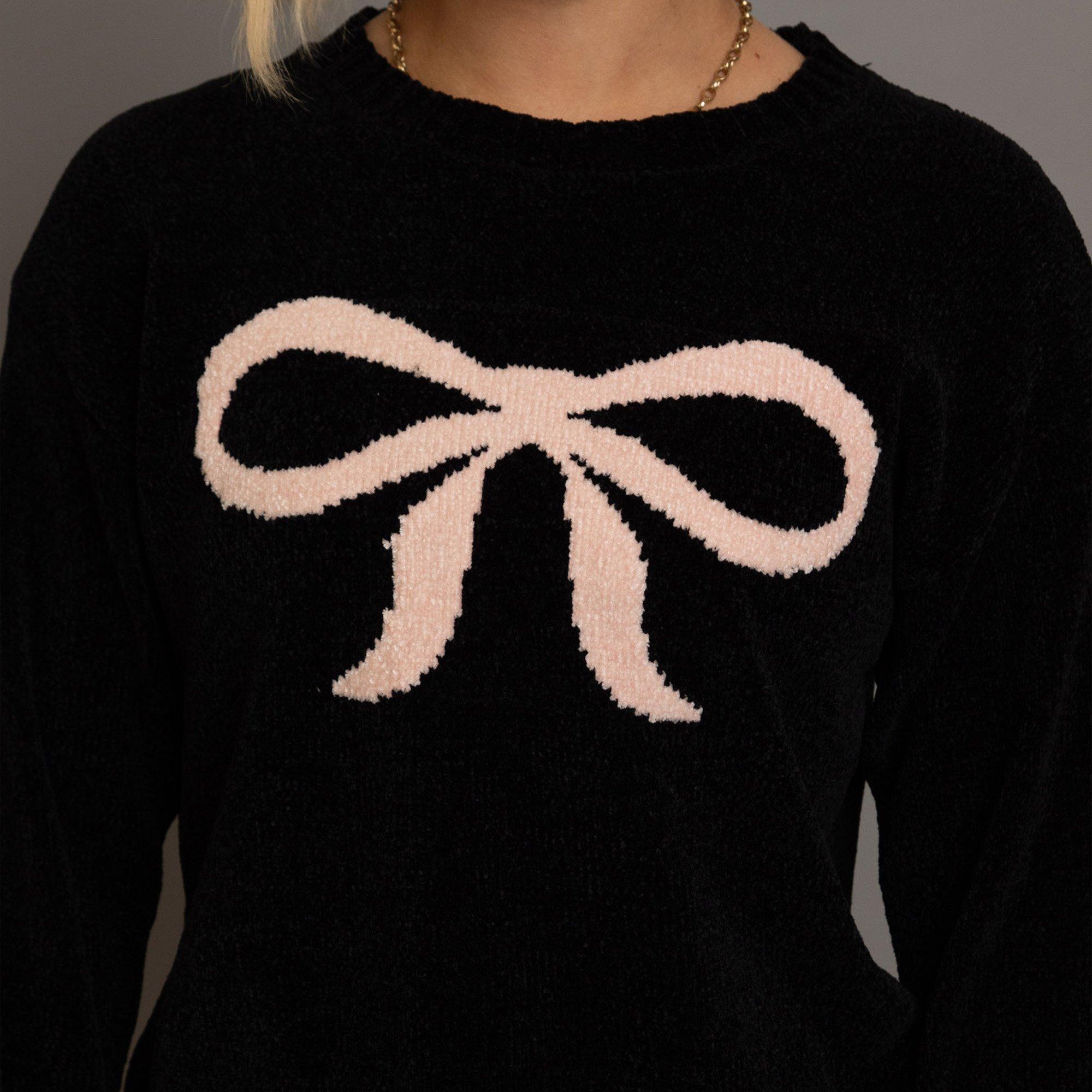 BLACK - Daisy Street - Chenille Bow Motif Womens Sweater - 3