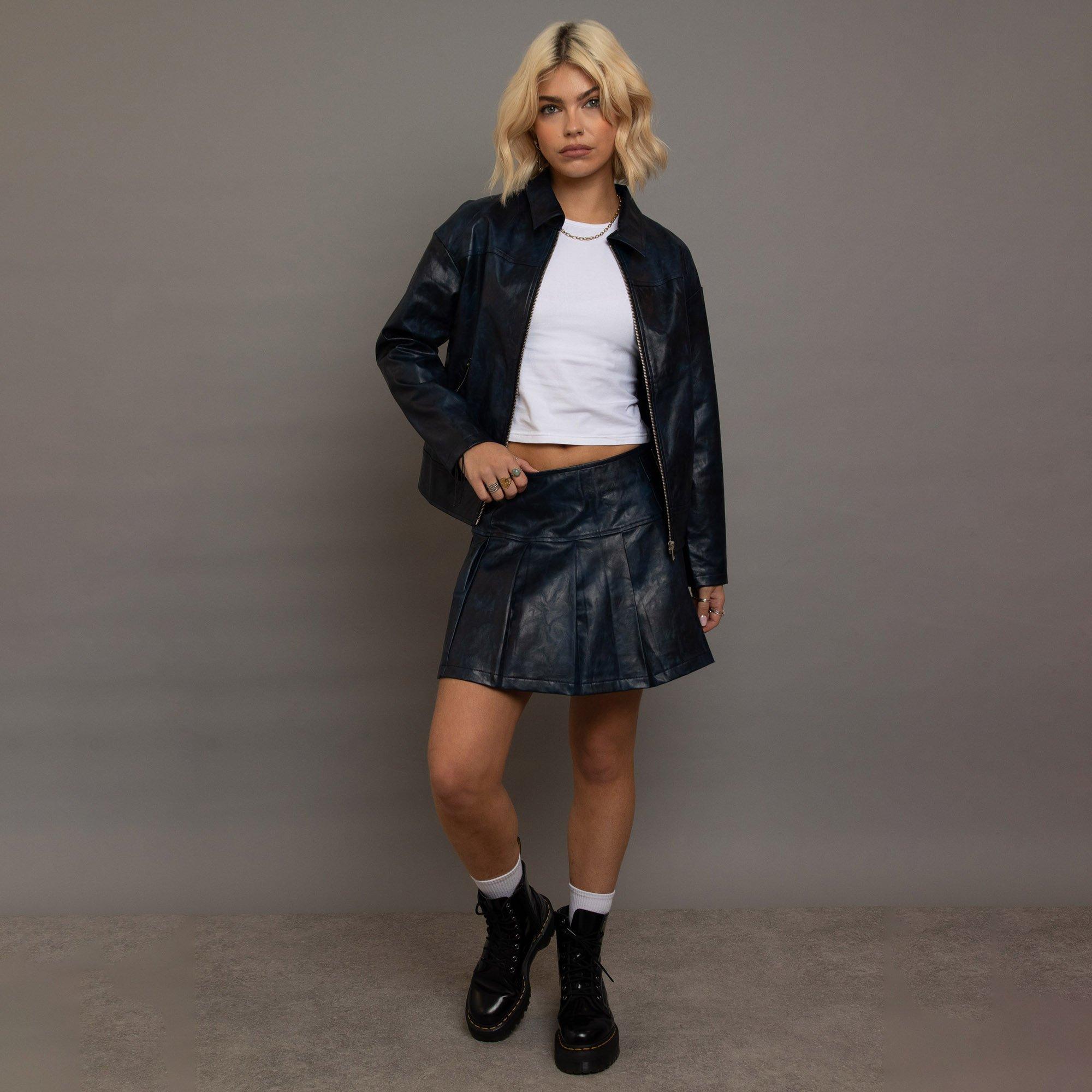 BLUE - Daisy Street - Spray Effect Womens Faux Leather Pleated Skirt - 2