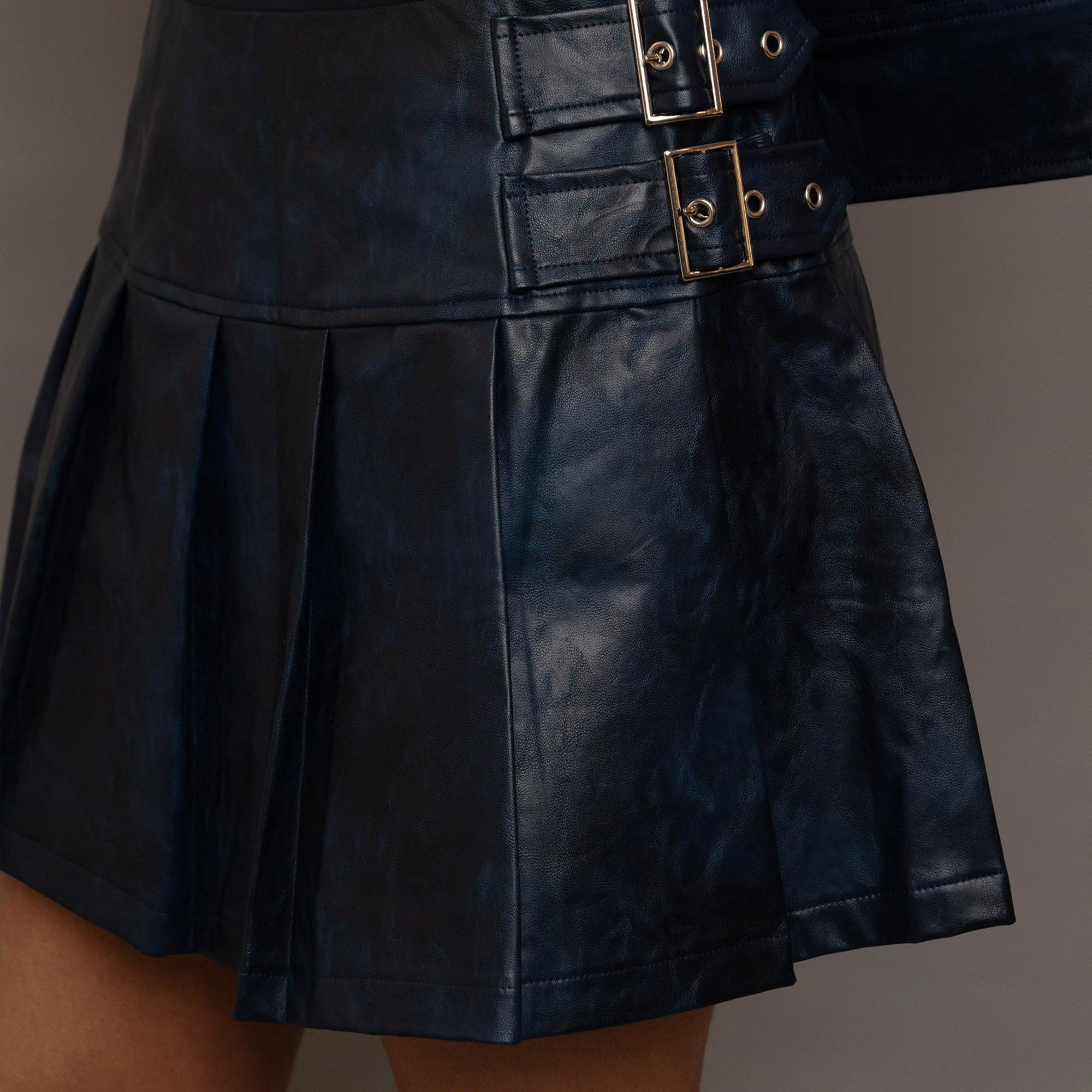 BLUE - Daisy Street - Spray Effect Womens Faux Leather Pleated Skirt - 4