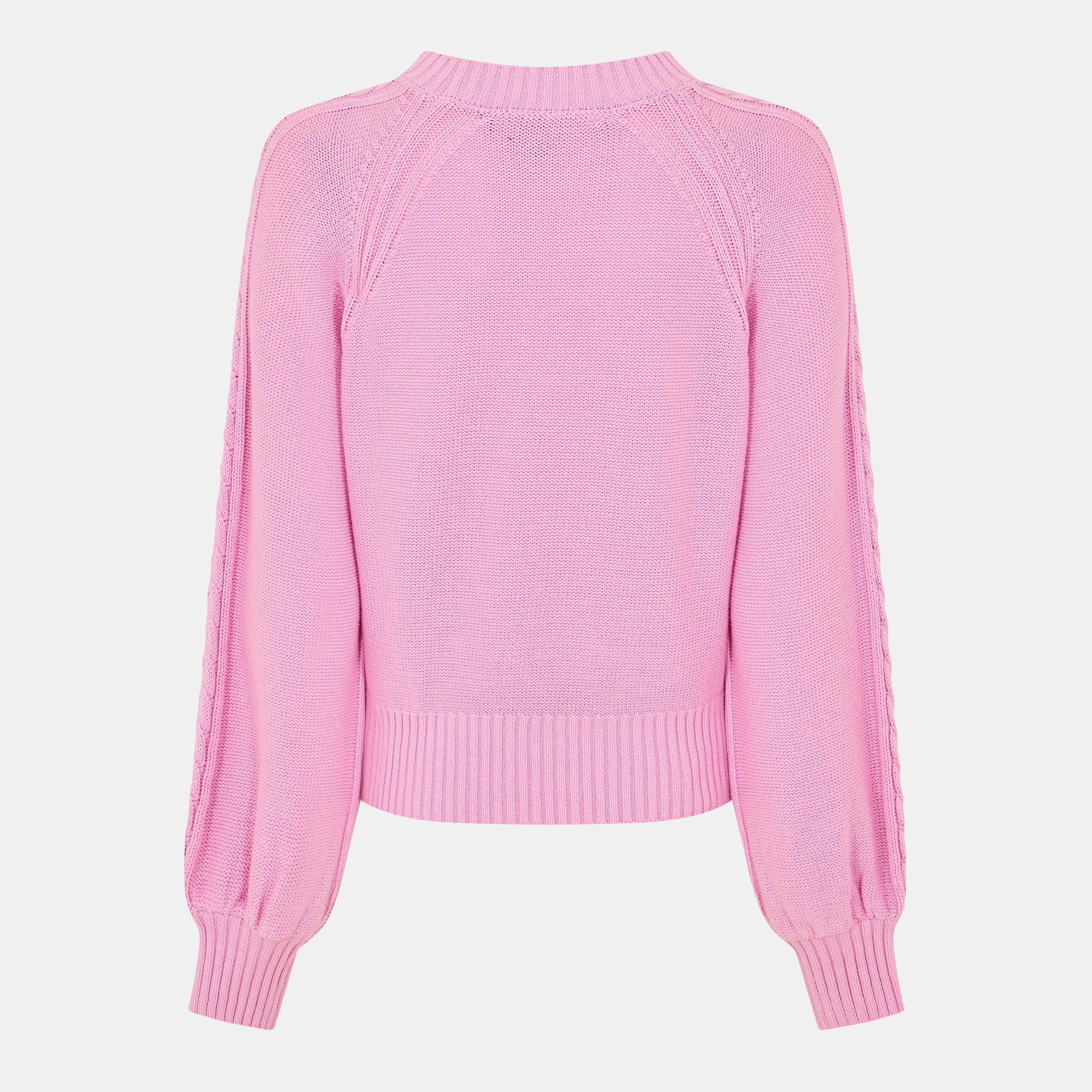 Bubblegum Pink - French Connection - Women's Lily Cable Sleeve Crew Neck Jumper - 2