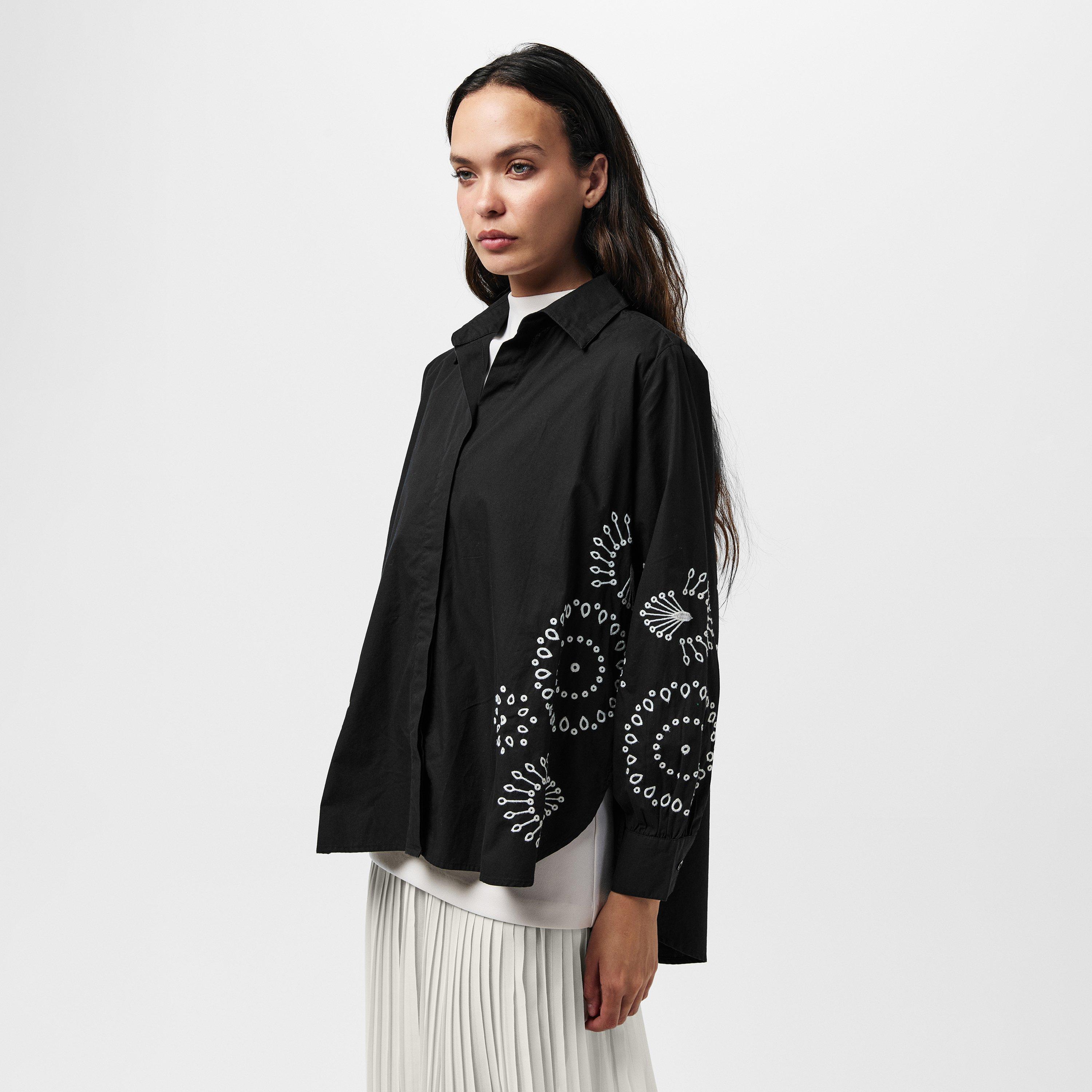 Black/Cream - French Connection - Women's Cambria Embossed Long-Sleeve Patterned Shirt - 3