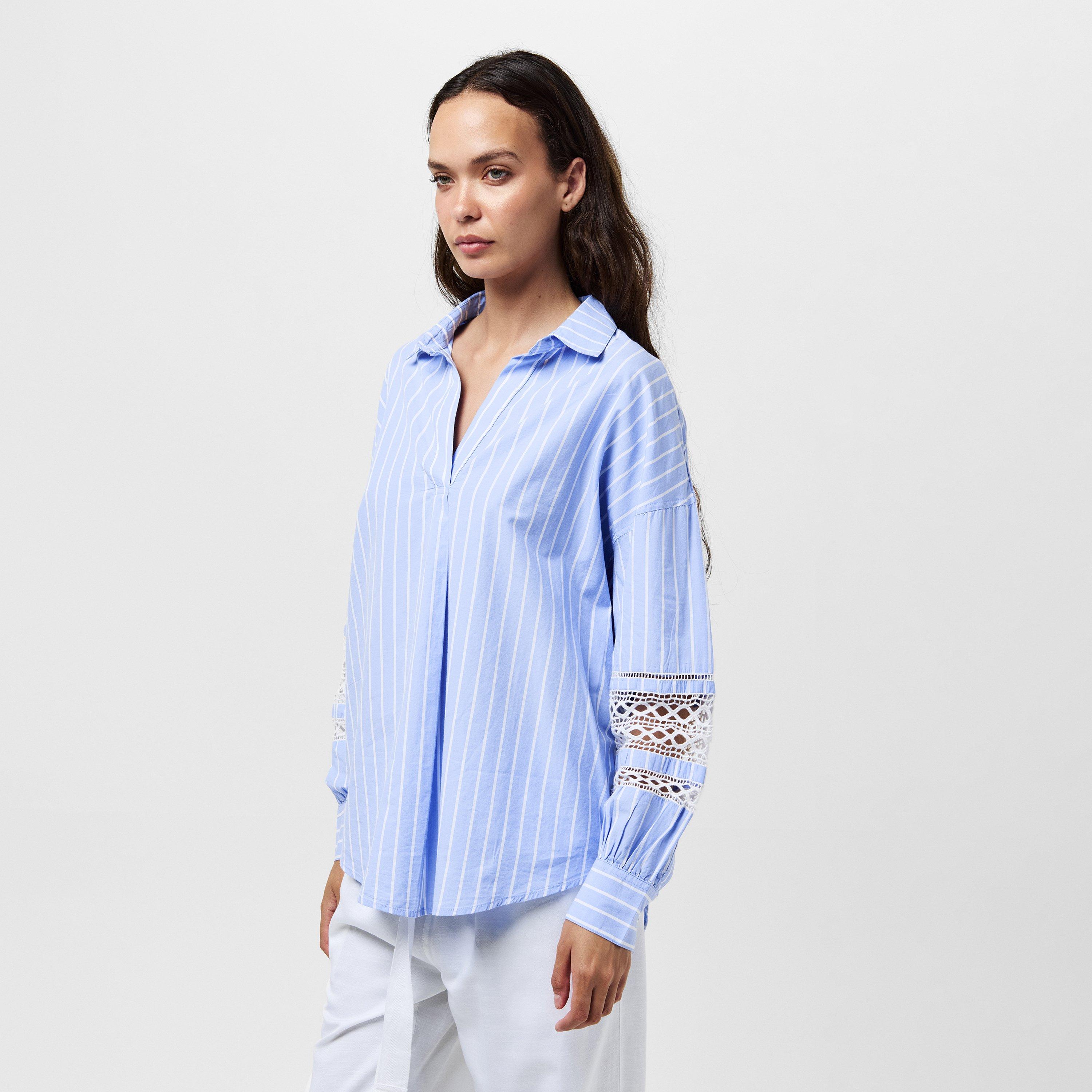 Blue/White - French Connection - Women's Cambria Stripe Embroidered Long-Sleeve Patterned Shirt - 3