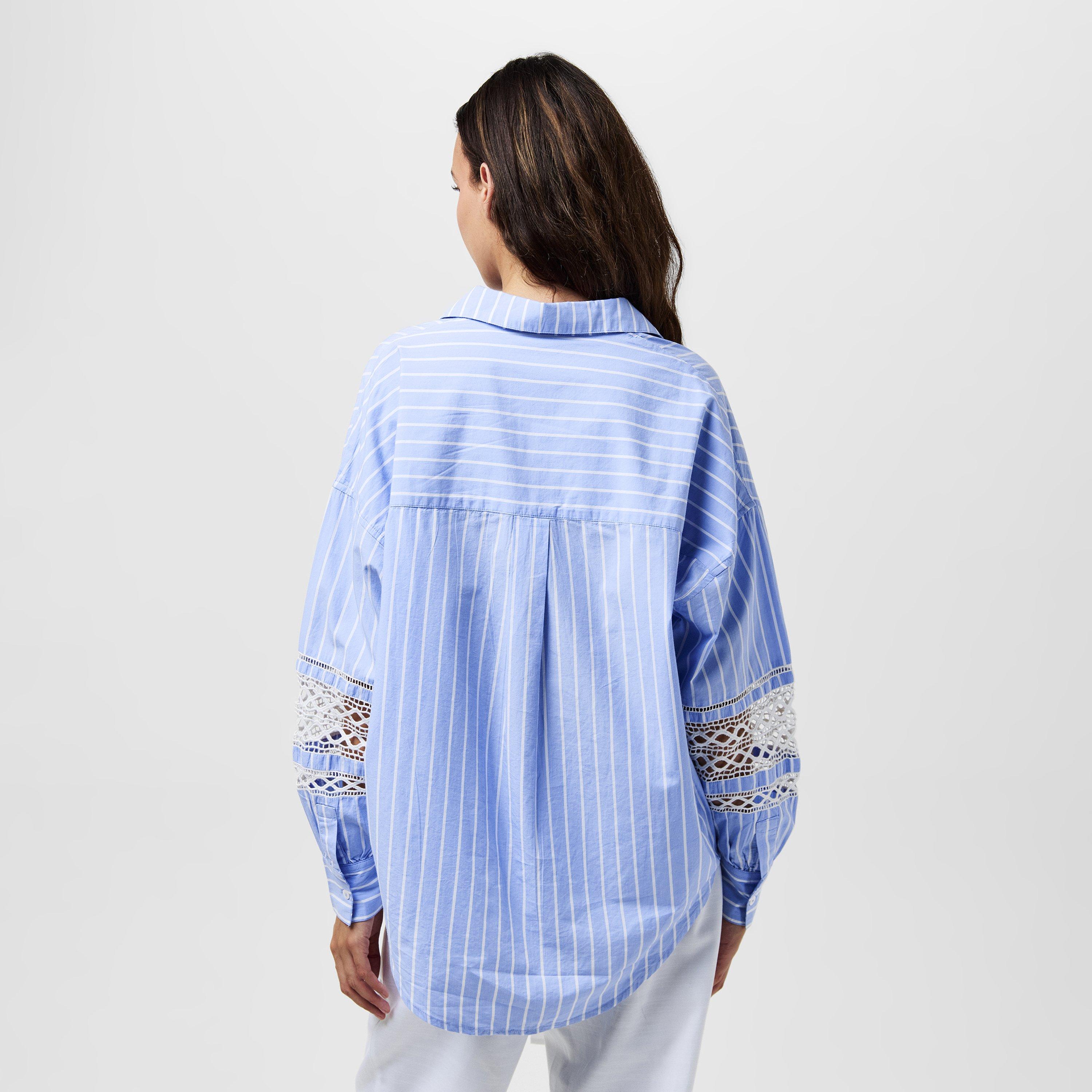 Blue/White - French Connection - Women's Cambria Stripe Embroidered Long-Sleeve Patterned Shirt - 4