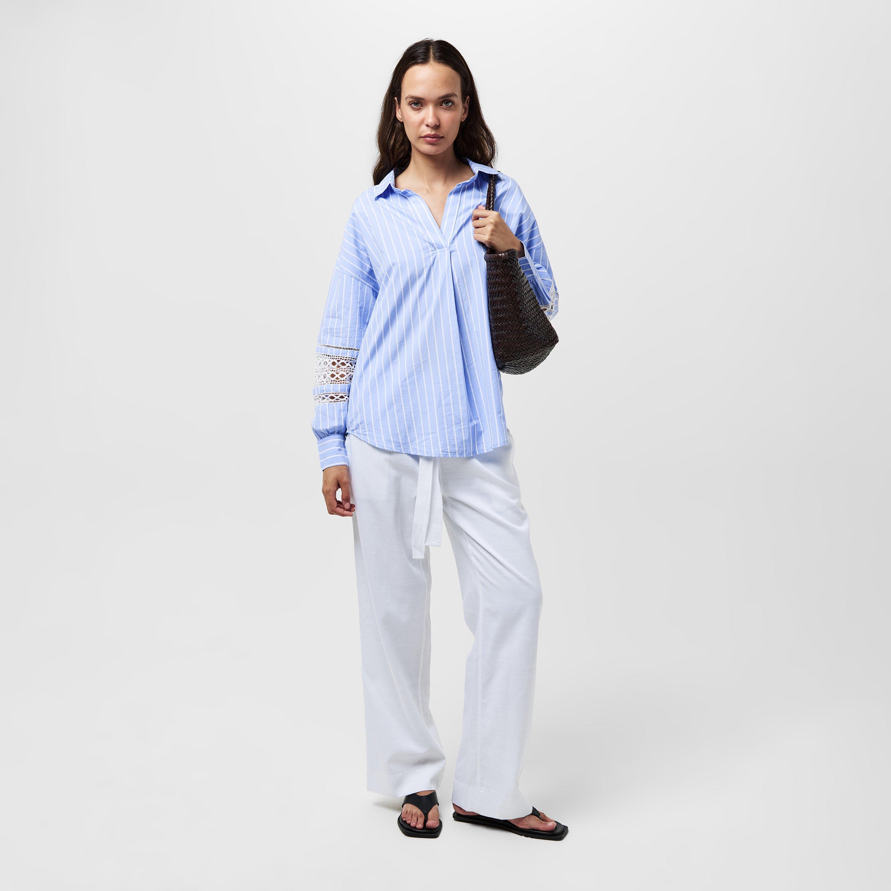 Blue/White - French Connection - Women's Cambria Stripe Embroidered Long-Sleeve Patterned Shirt - 6