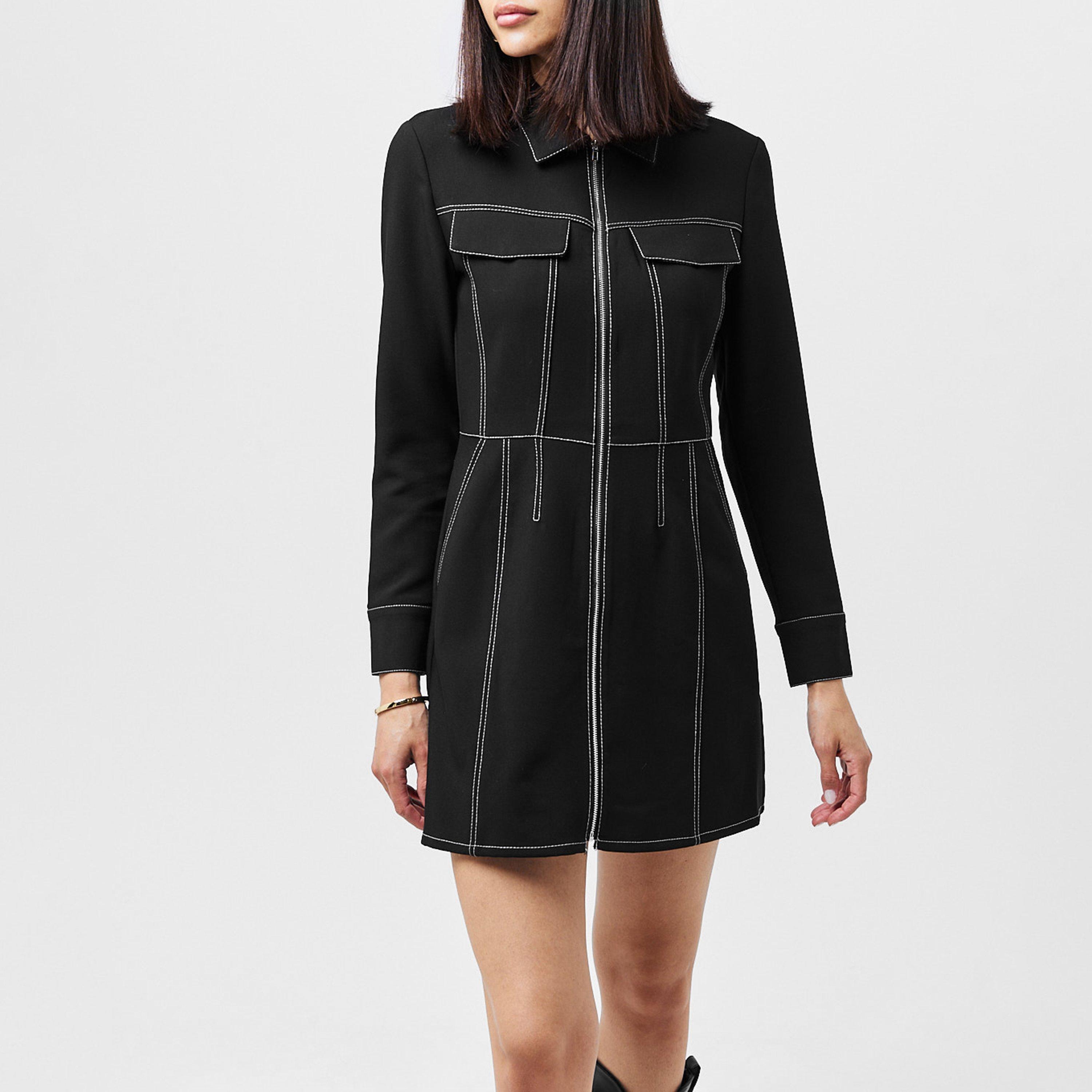 Black - French Connection - Women's Azra Twill Contrast Stitching Mini Dress - 2