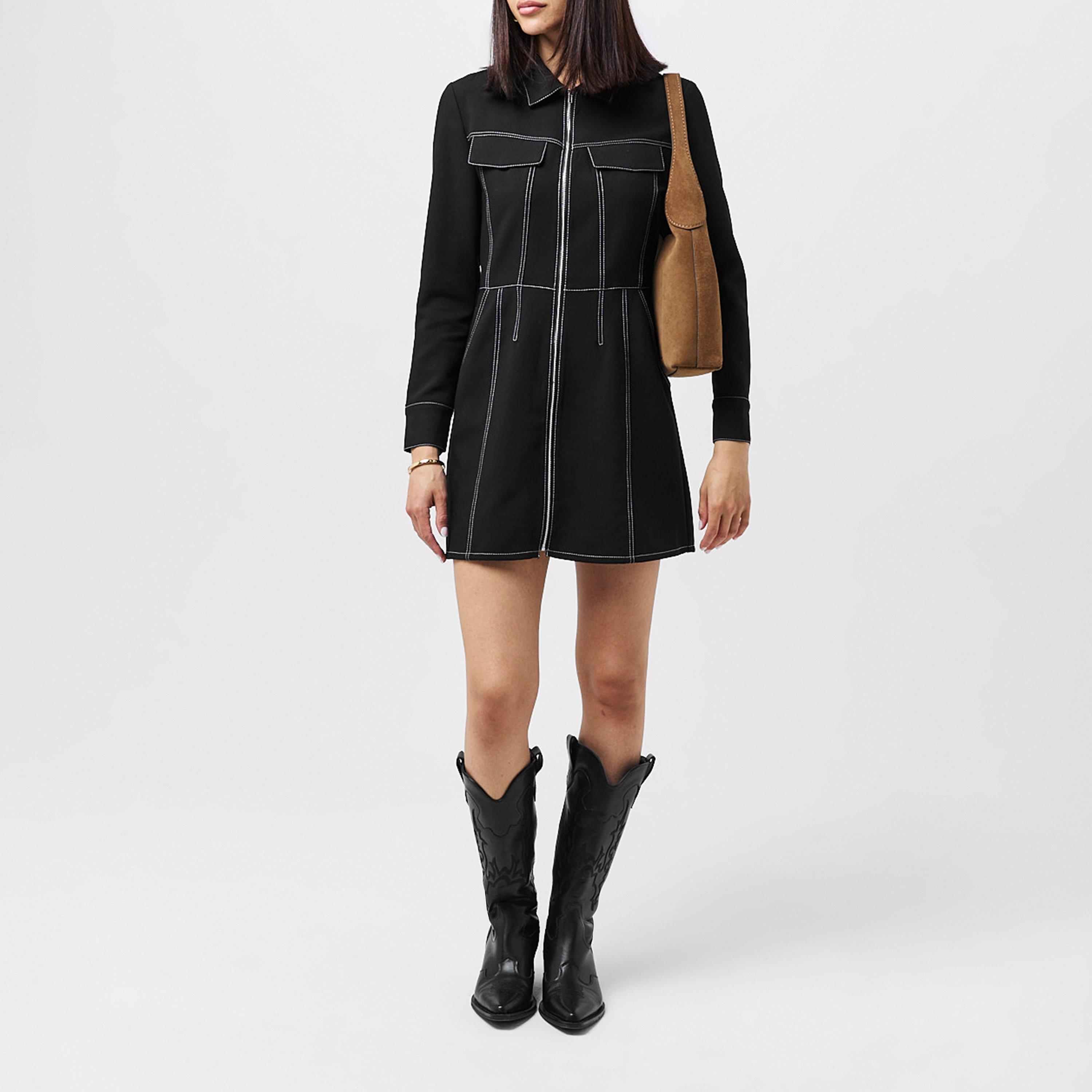 Black - French Connection - Women's Azra Twill Contrast Stitching Mini Dress - 5