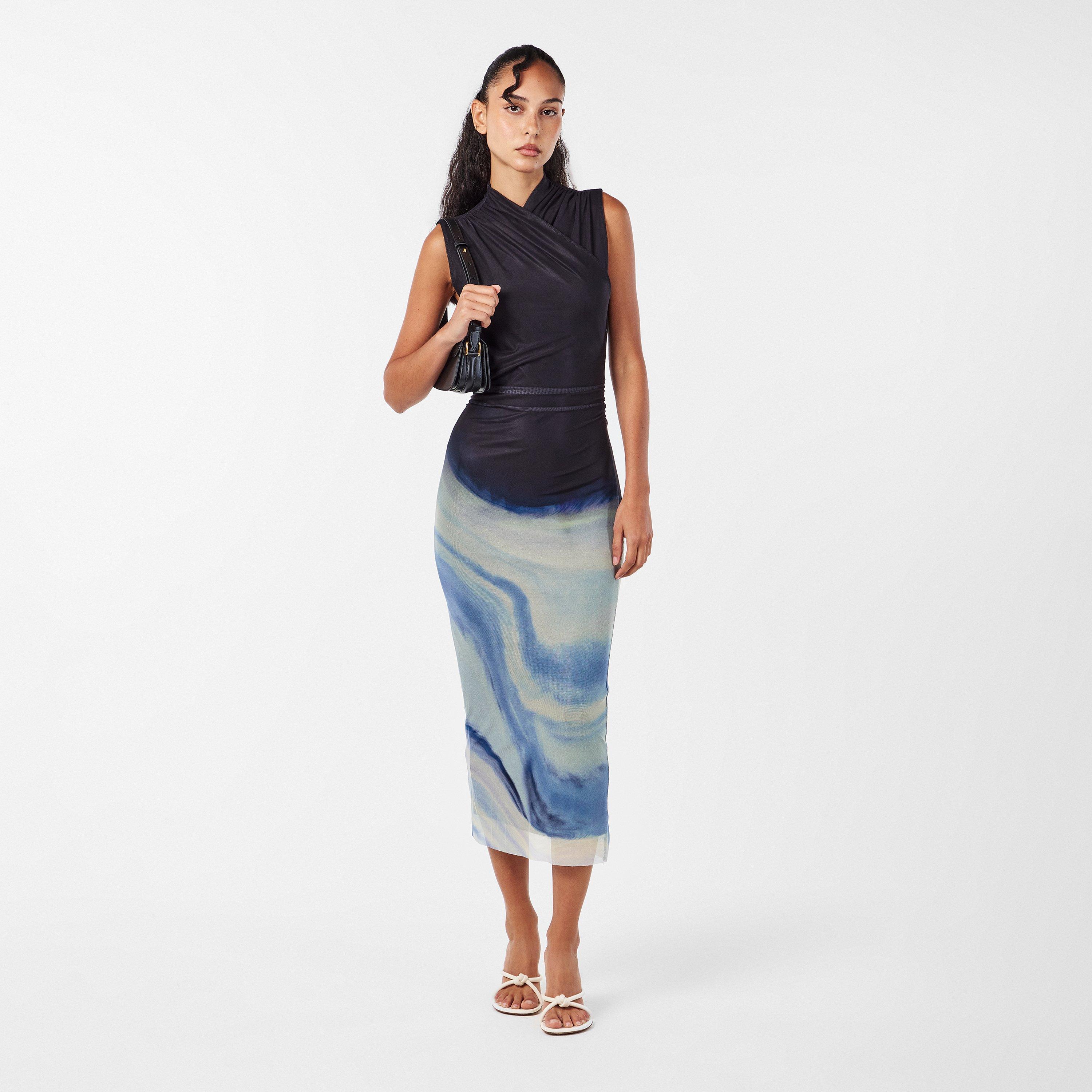 Navy/Sky Blue - French Connection - Women's Toni Wrap Neck A Line Dress - 6