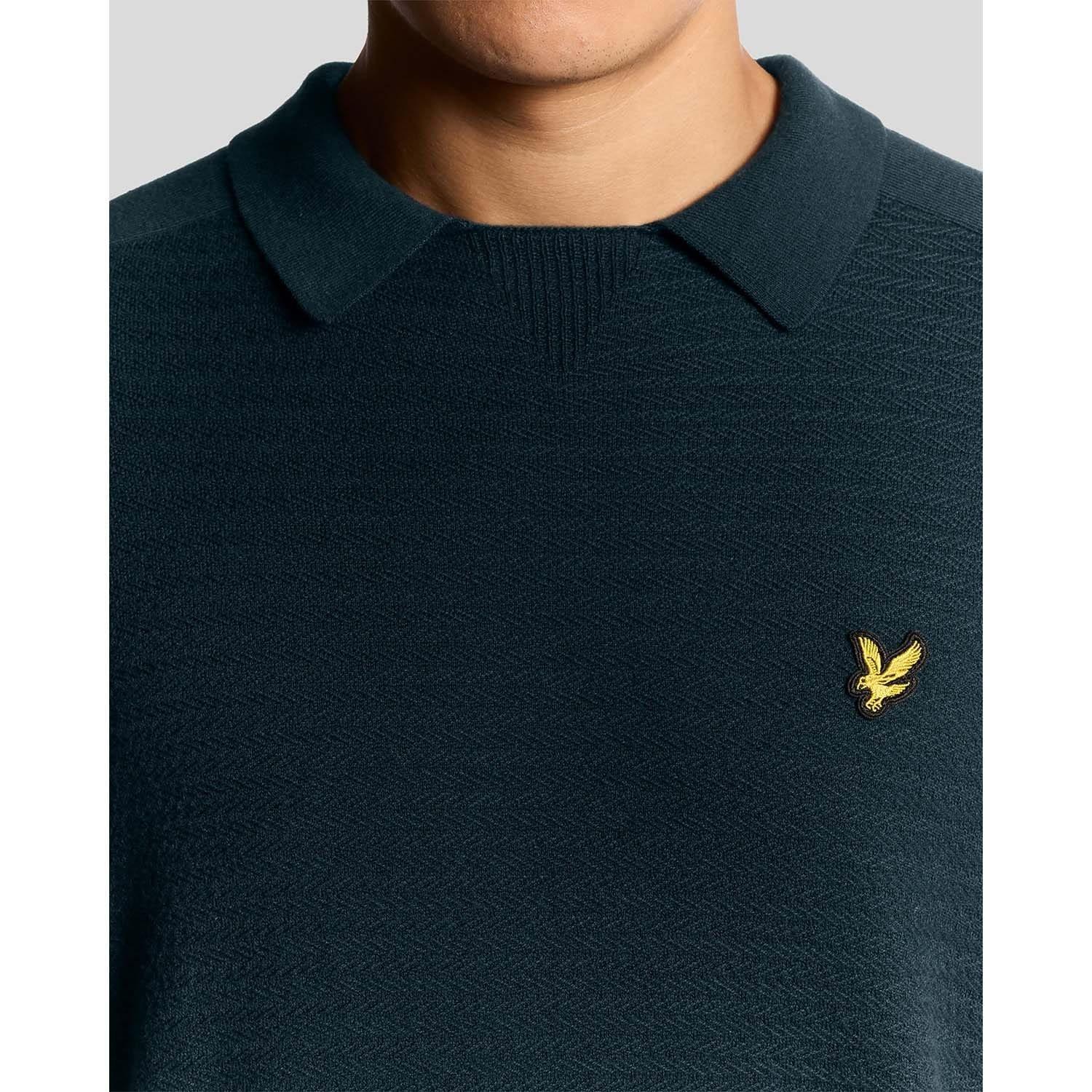 Blue - Lyle and Scott - Herringbone Knitted Polo Shirt - 3
