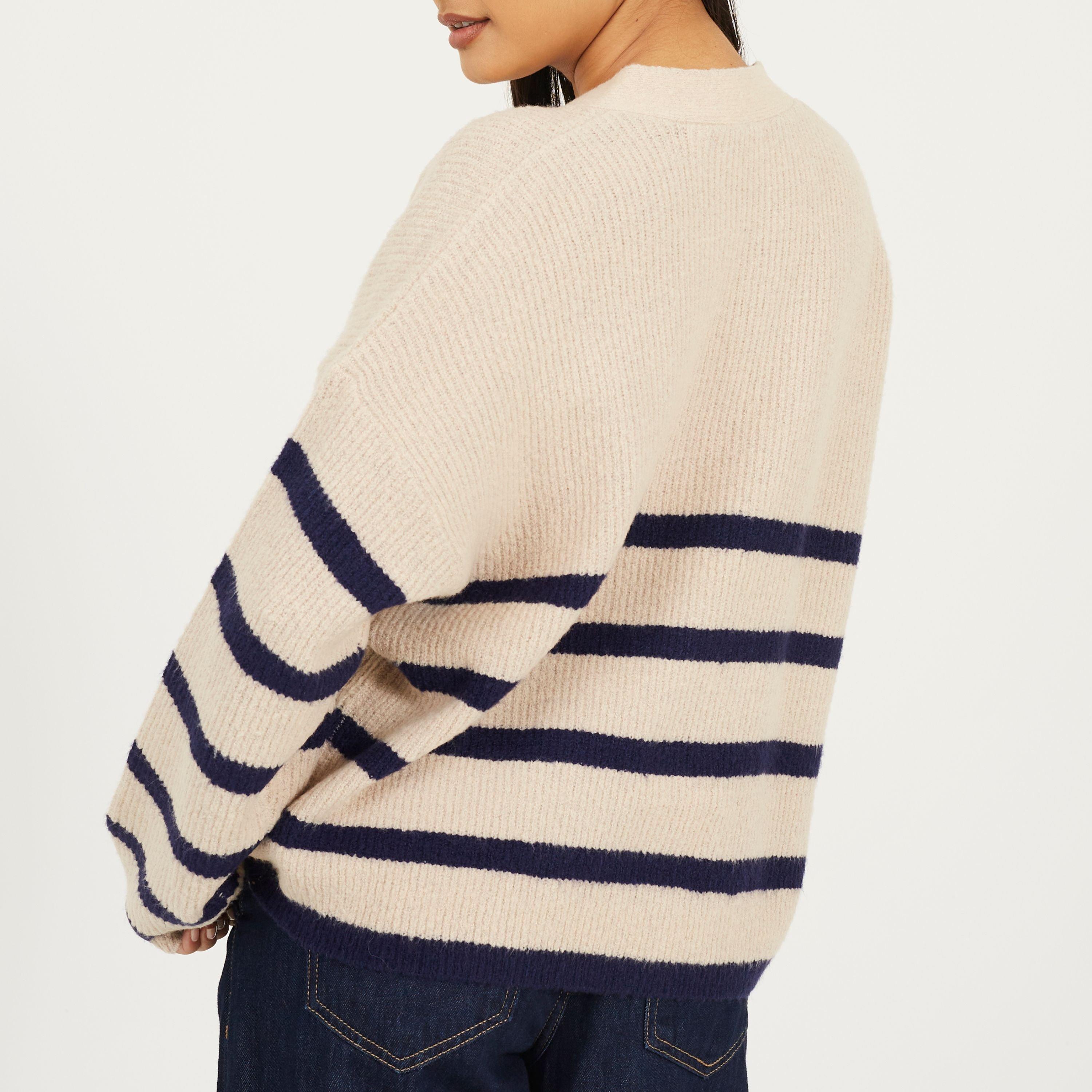 Oatmeal/Navy - Brave Soul - V-neck Fisherman Knit Striped Cardigan - 2