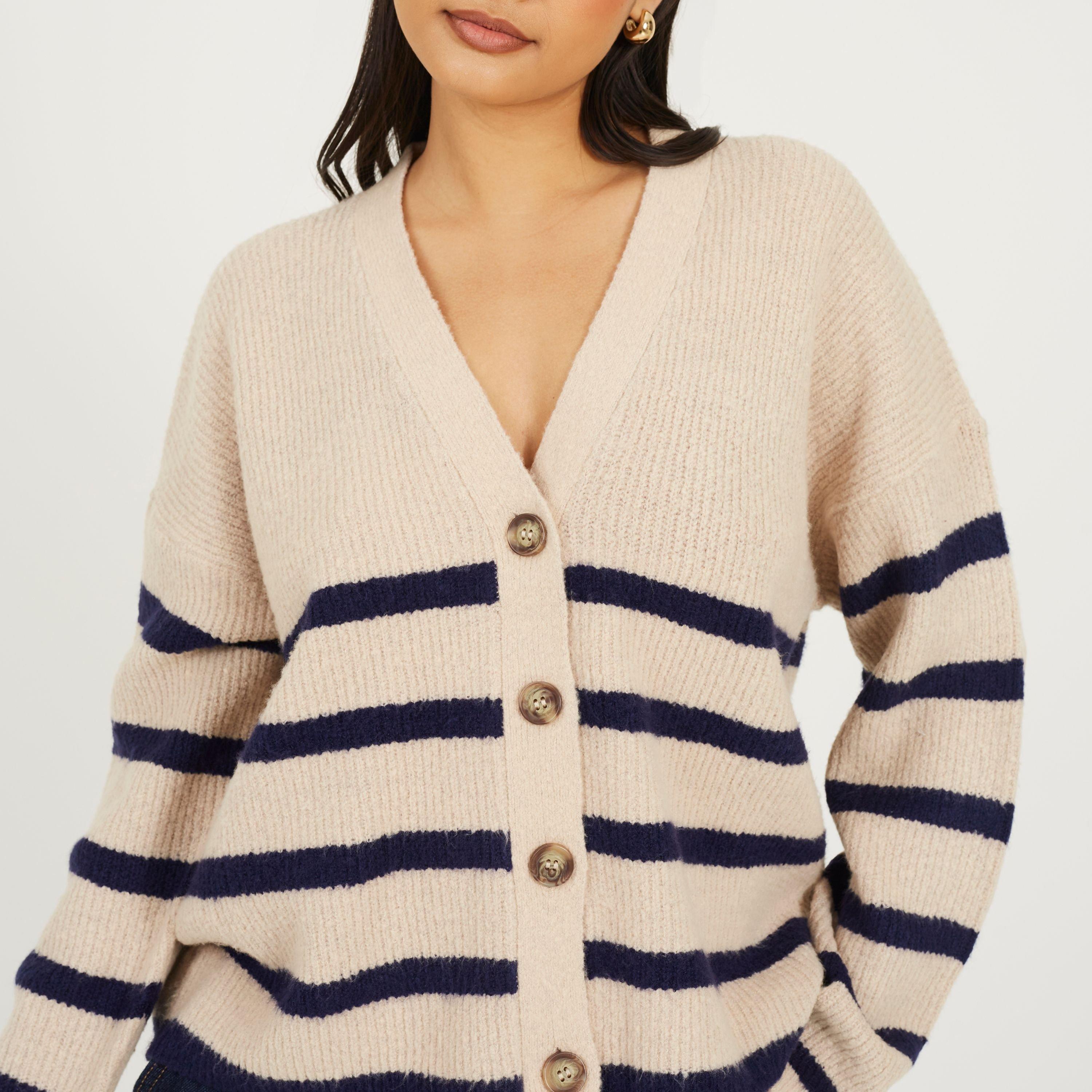Oatmeal/Navy - Brave Soul - V-neck Fisherman Knit Striped Cardigan - 3
