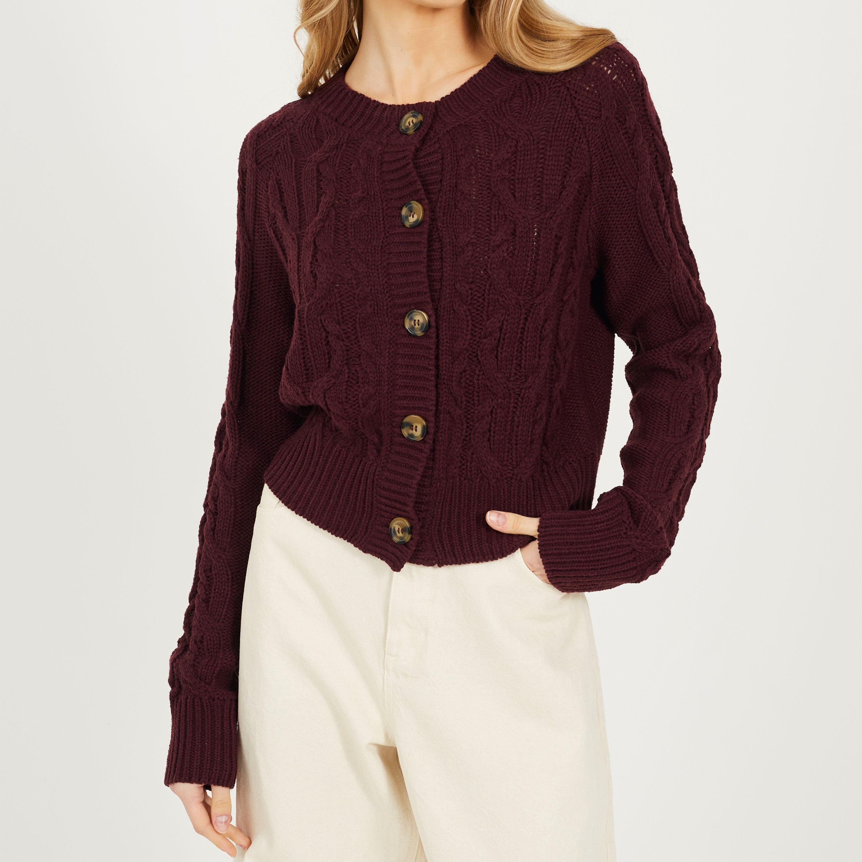 Vin - Brave Soul - Womens Crew Neck Cable Knit Cardigan with Raglan Sleeve - 1