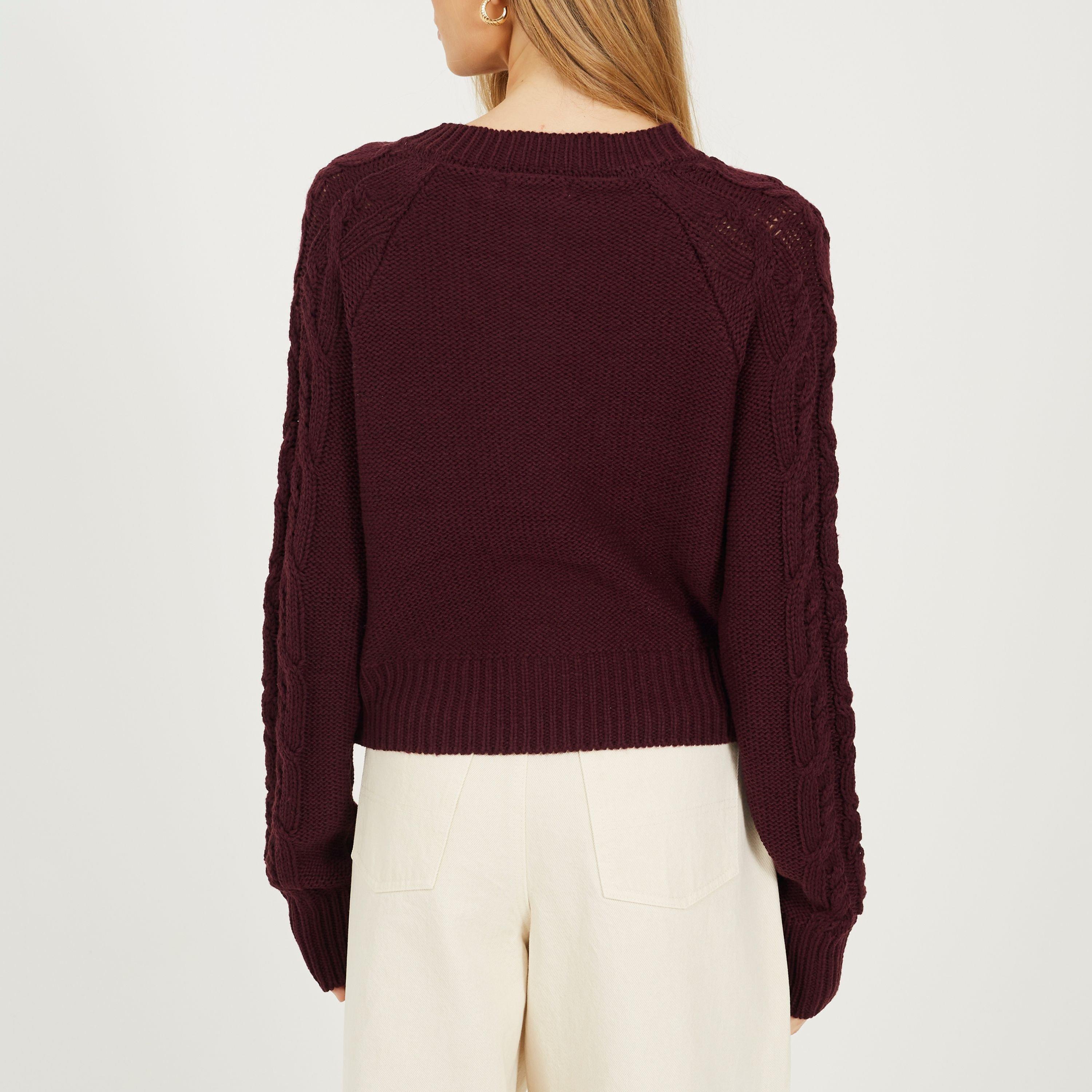 Wine - Brave Soul - Womens Crew Neck Cable Knit Cardigan with Raglan Sleeve - 2