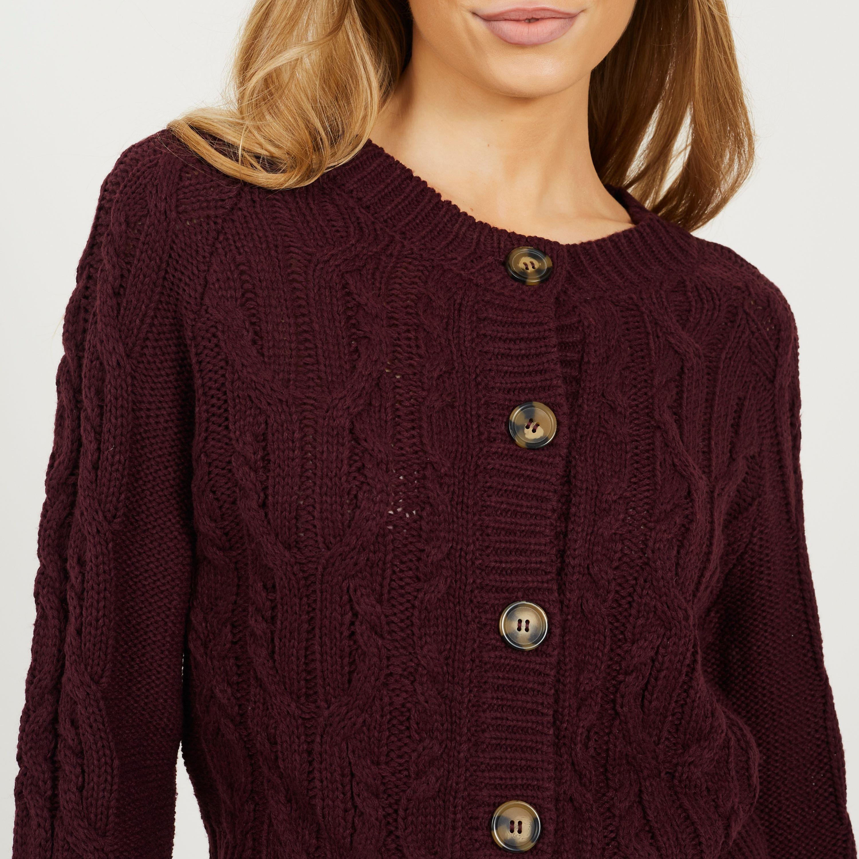 Wine - Brave Soul - Womens Crew Neck Cable Knit Cardigan with Raglan Sleeve - 3