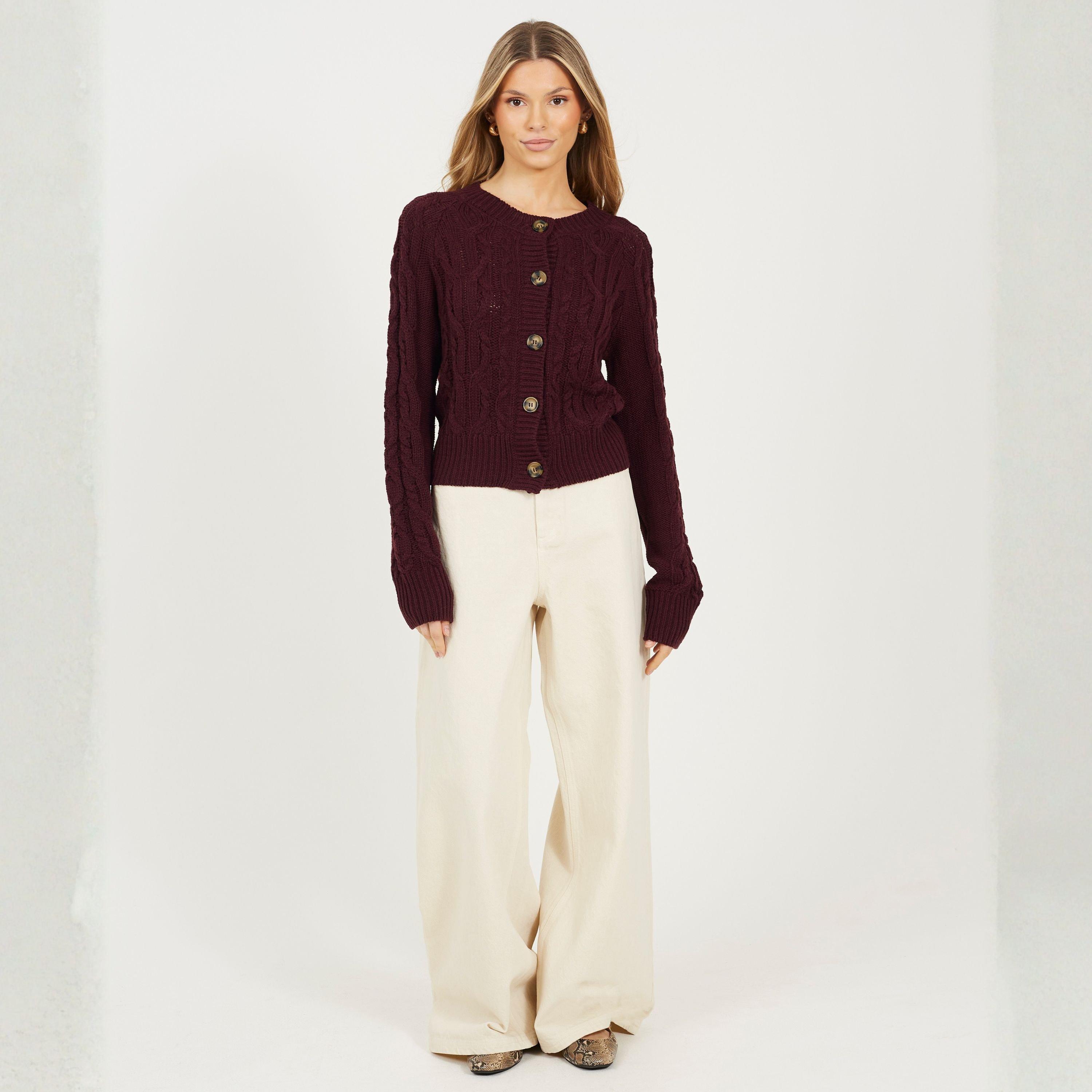 Wine - Brave Soul - Womens Crew Neck Cable Knit Cardigan with Raglan Sleeve - 4