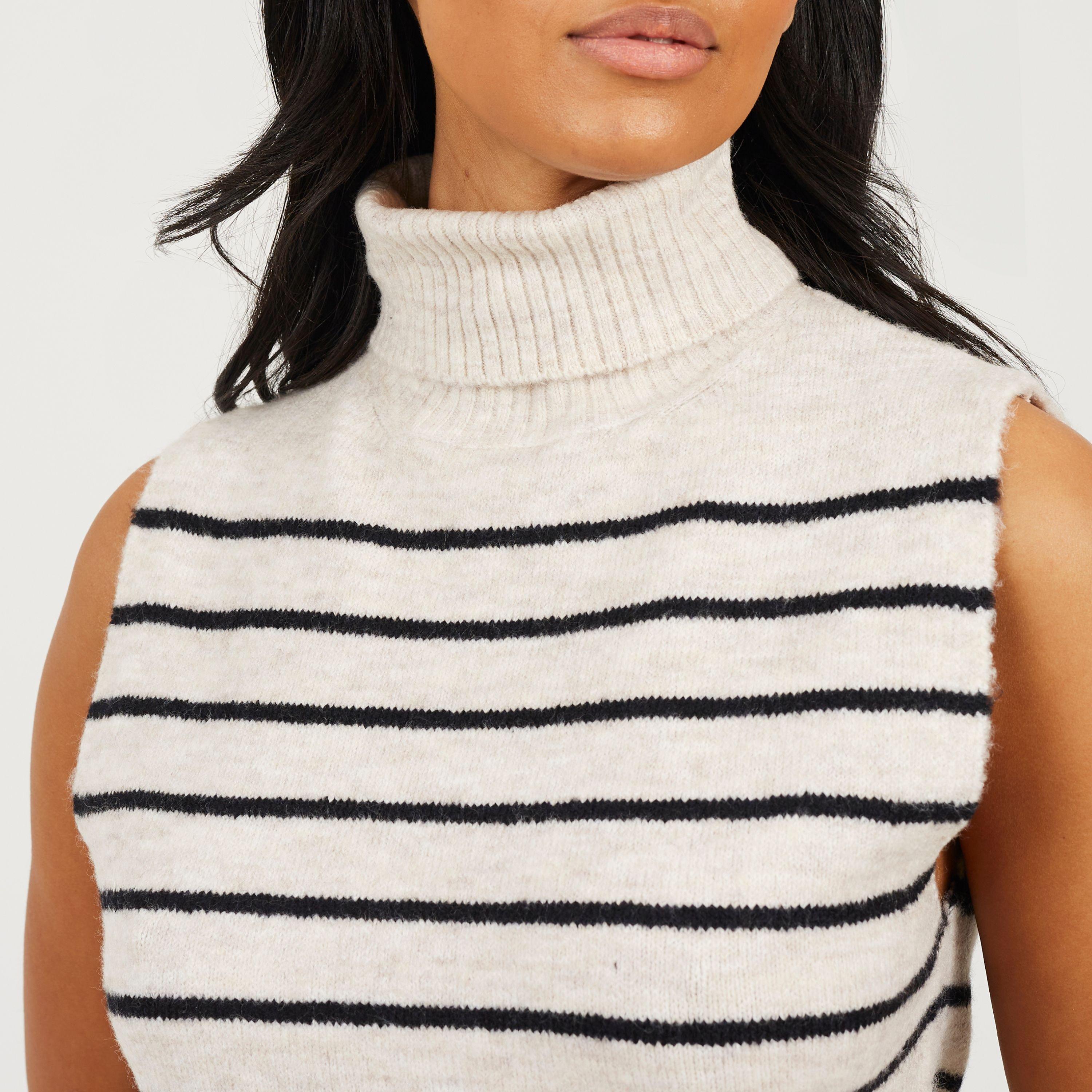 Oatmeal/Black - Brave Soul - Womens Roll Neck Knitted Tank with Stripe - 3