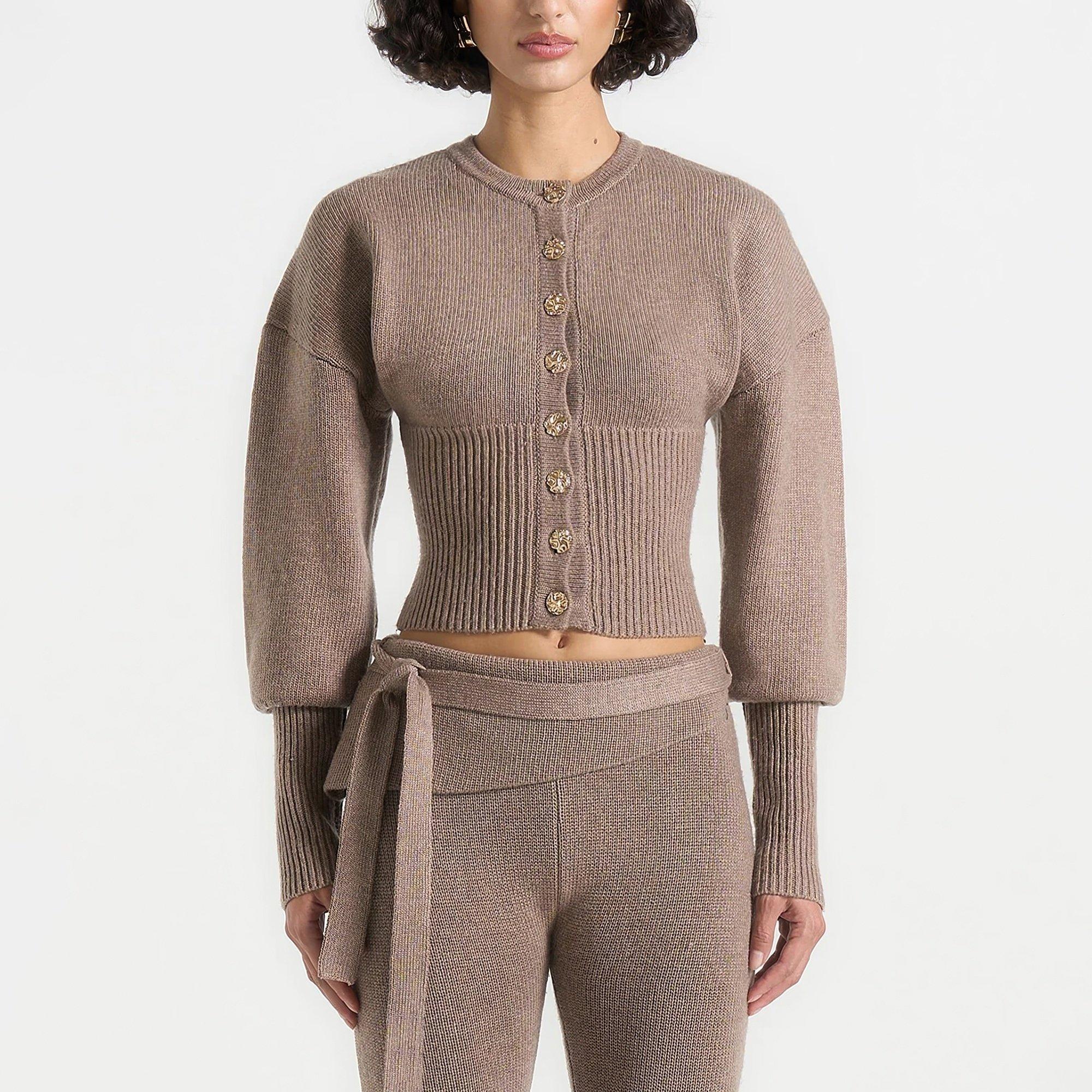 Beige - Maniere De Voir - Women’s Knitted Cinch Waist Cardigan - 2