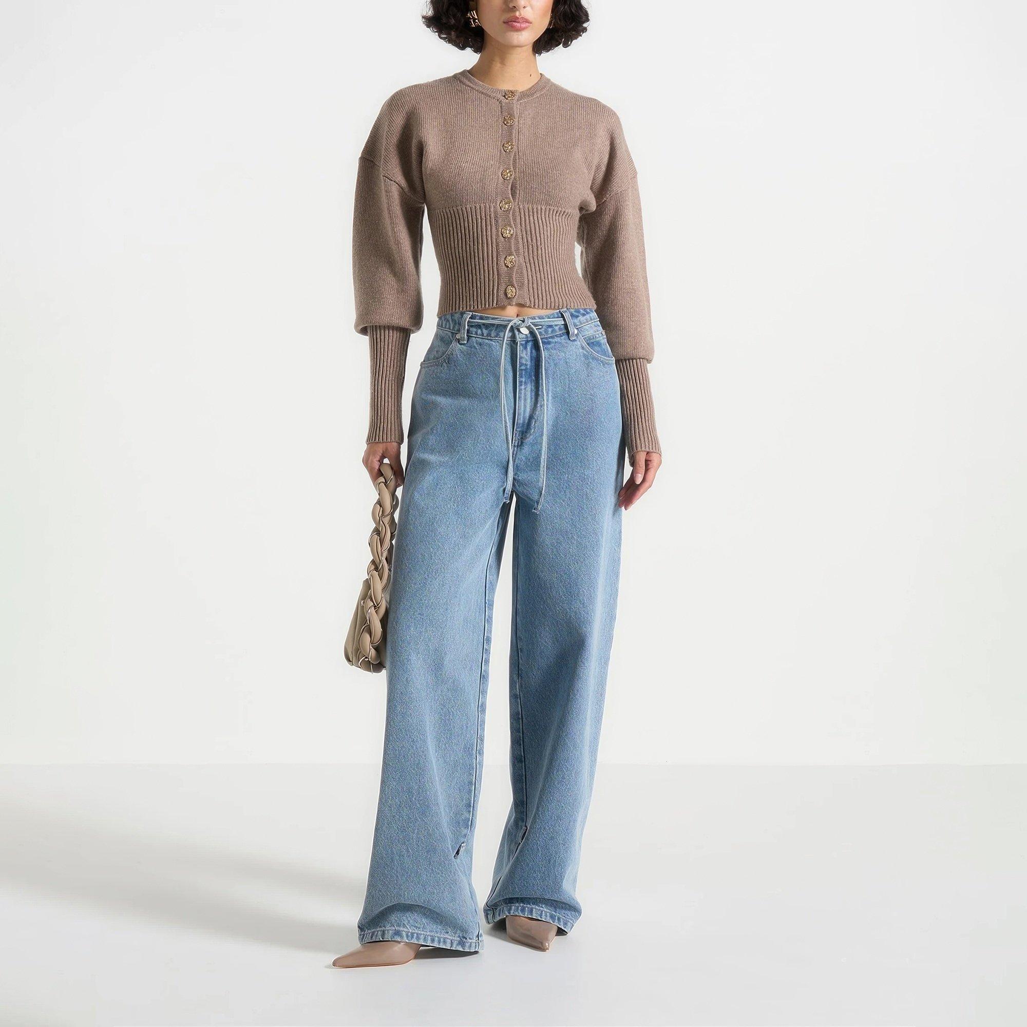 Beige - Maniere De Voir - Women’s Knitted Cinch Waist Cardigan - 5