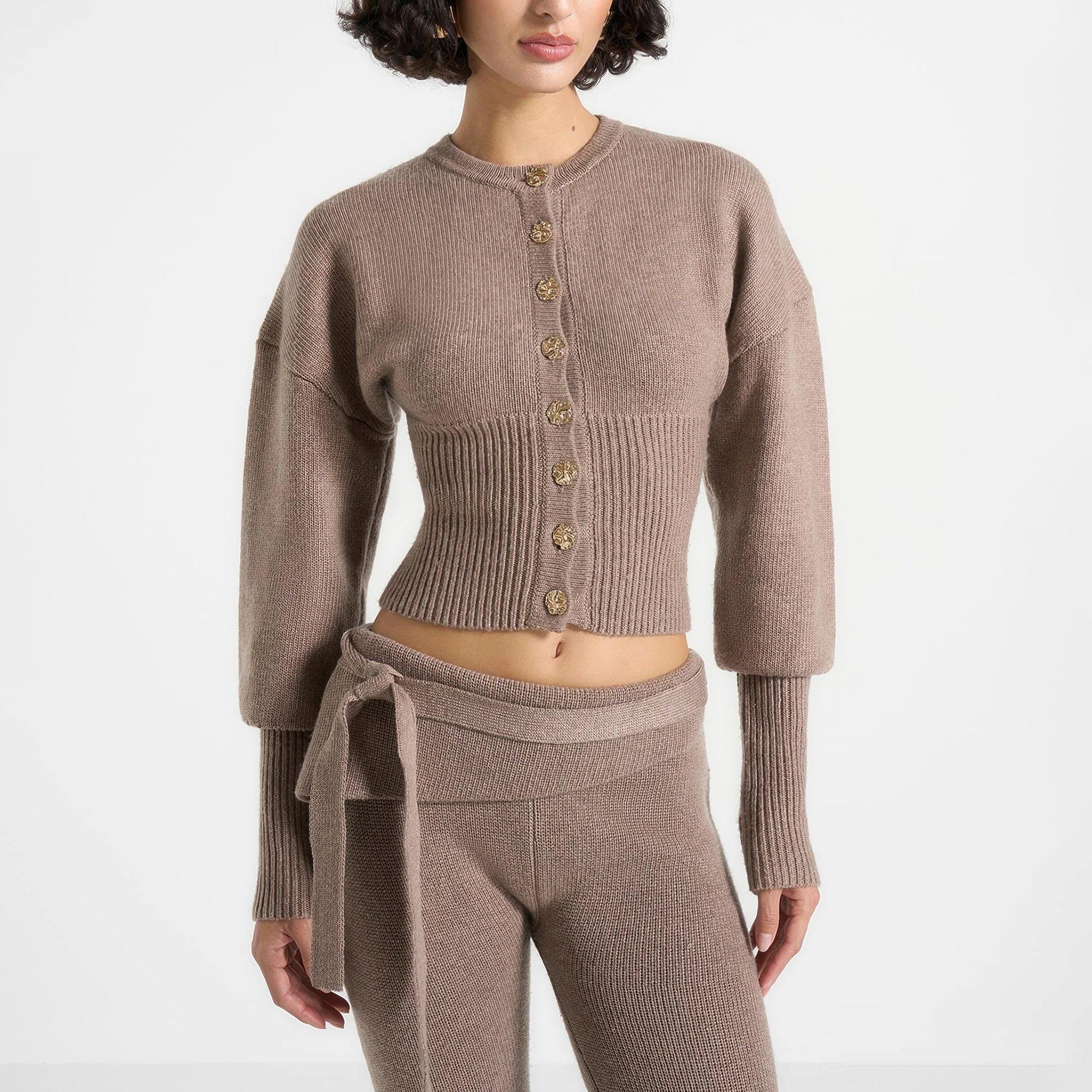 Beige - Maniere De Voir - Women’s Knitted Cinch Waist Cardigan - 6