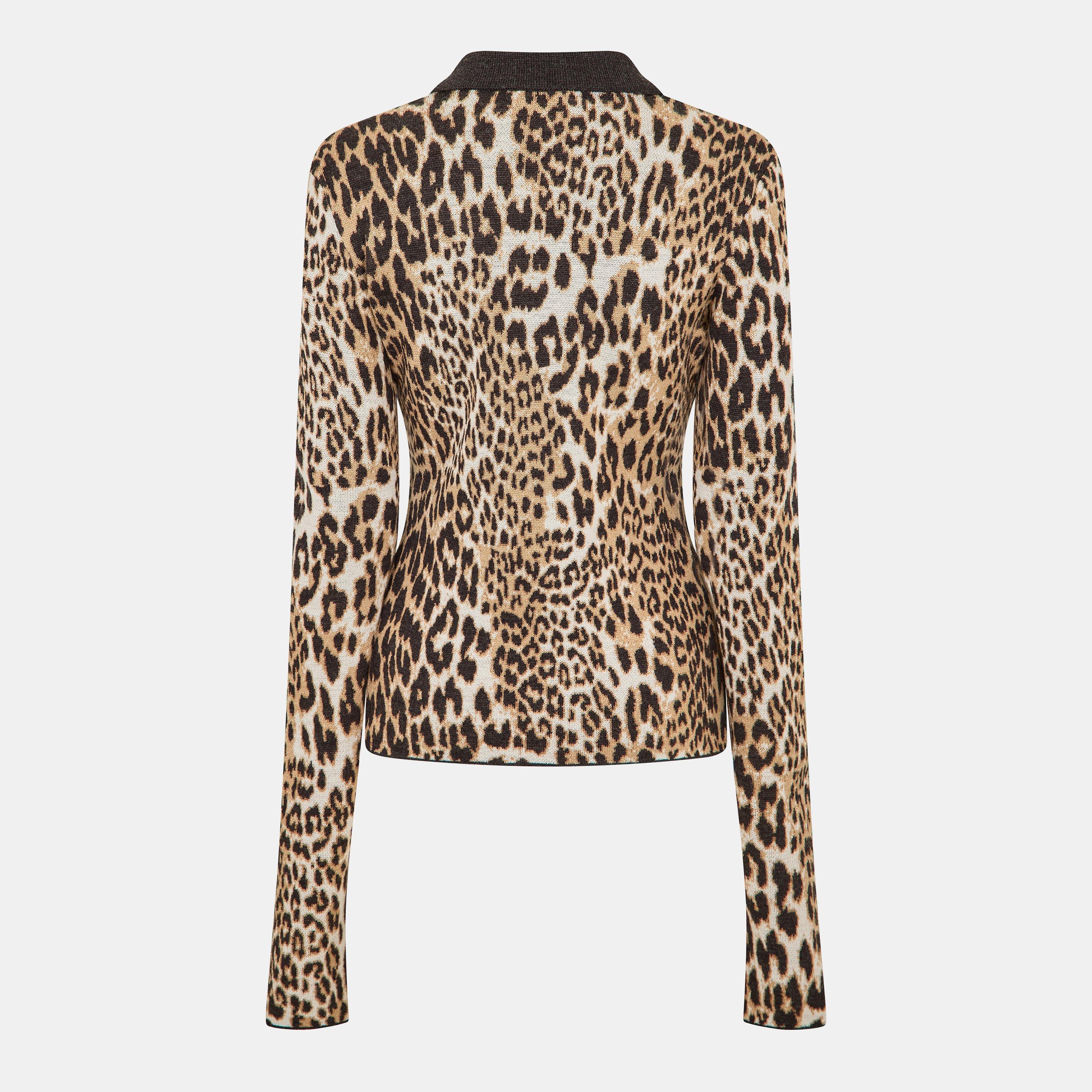 Leopard - Ganni - Women's Knitted Short Sleeve Polo Shirt - 2